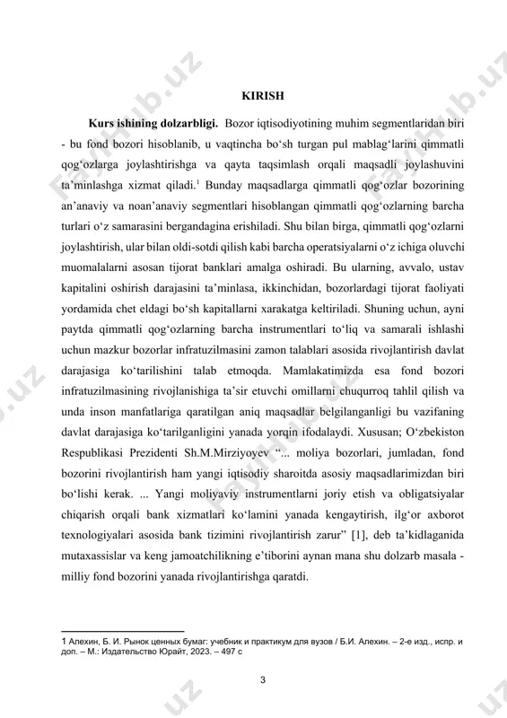 chiqqan holda qat’iy belgilangan foiz todovlarini amalga oshirishi. aksiya va obligatsiya o’rtasidagi prinsipial farq aksiya ulush munosabatini anglatishi, obligatsiya esa qarz munosabatini anglatishida namoyon bodadi. bunda aksiyani sotib olgan investor kompaniya-emitentning mulkdoriga, ya’ni ulushidan kelib chiqqan egasiga aylanadi. obligatsiya sotib olgan investor kompaniya- emitentning kreditoriga aylanadi. bundan tashqari, aksiyadan farqli odaroq, obligatsiyaning muomalad bodish muddati qat’iy belgilangan va muddati kelganda so’ndiriladi. obligatsiya aksiyaga nisbatan afzallikka ega bodib, bu afzallik kompaniya tugatilganda birinchi navbatda obligatsiya bo’yicha foiz todovlari, so’ngra aksiya bo’yicha devidendlar todanadi; emitent-kompaniya likvidatsiya yoki tugatilishi jarayonida mulkni taqsimlashda aksiyadorlar kompaniyaning barcha majburiyatlari shu jumladan, obligatsiyalar bo’yicha qarz majburiyatlarini so’ndirgandan keyin qolgan mulkdan ulush olishlari mumkin. obligatsiya qarz instrumenti bodganligi sabali kompaniya emitent boshqaruvida qatnashish huquqini bermaydi. obligatsiyalar davlat hukumati, turli davlat organlari va munitsipalitetlar mablagdarni jamg’arish instrumenti sifatida namoyon bodadi. korxonalar ham qo’shimcha moliyaviy mablagdarga zarurati yuzaga kelganda korporativ obligatsiyalar muomalaga chiqarishlari va joylashtirishlari mumkin. obligatsiyalarni chiqarish kompaniya-emitent uchun …