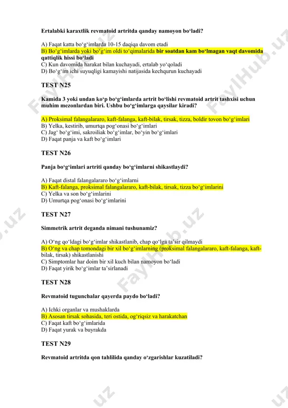 b) faqat bo‘g‘im ichida suyuqlik to‘planishi c) to‘liq deformatsiya va suyak yo‘qolishi d) rentgenologik o‘zgarishlar bo‘lmaydi test n31 minimal faollik (i) darajasida quyidagilardan qaysi biri kuzatilmaydi? a) o‘rtacha bo‘g‘im og‘rig‘i b) yaqqol visseral zararlanishlar c) echt – 20-30 mm/s gacha d) s-reaktiv protein (+) test n32 o‘rtacha faollik (ii) darajasida quyidagilardan qaysi biri kuzatilmaydi? a) bo‘g‘im og‘riqlari faqat harakat paytida kuzatiladi b) tana harorati subfebril (gohida 38°c gacha) c) s-reaktiv protein ikkita plyus (++) d) echt 40 mm/s gacha test n33 yuqori faollik (iii) darajasida kuzatiladigan asosiy belgilar qaysilar? a) bo‘g‘im og‘rig‘i va ertalabki karaxtlik qisqa davom etadi, tana harorati doimiy ravishda pasaygan bo‘ladi b) doimiy kuchli bo‘g‘im og‘rig‘i, bo‘g‘im harakatchanligining sezilarli chegaralanishi, isitmalash (38°c va undan yuqori) c) echt 20 mm/s dan past, leykotsitopeniya, revmatoid omil manfiy d) tana harorati har doim me’yorida, bo‘g‘imlar hech qachon deformatsiyalanmaydi test n34 i darajali funksional yetishmovchilikda bemorning mehnat qobiliyati qanday bo‘ladi? a) …