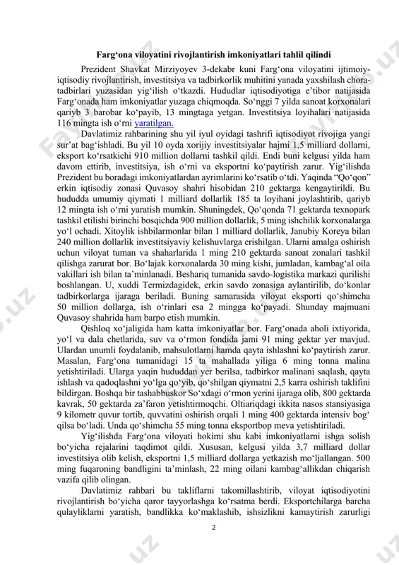 ushiriladi. o‘zbekiston texnologik metallar kombinatida “yashil iqtisodiyot” uchun muhim bo‘lgan noyob metallar xomashyosi kengaytiriladi. davlatimiz rahbari kelgusi yilda kombinatlar transformatsiya orqali dunyo bozorida raqobatdoshligini oshirish bo‘yicha katta o‘zgarish qilishi zarurligini ta’kidladi. bunda tannarxni tushirish, faoliyatni to‘liq raqamlashtirish, xalqaro bozorlardan mablag‘ olib kelish, yangi texnologiyalarni joriy qilib, ish jarayonini avtomatlashtirish eng muhim vazifalar ekani ko‘rsatib o‘tildi. korxonalar jahondagi o‘zgarishlarga tez moslashib, yangi tashabbuslar ko‘rsatishi zarurligi aytildi. tejamkorlik va samaradorlik tamoyili asosida xarajatlarni kamaytirish, sanoat tarmoqlarini xomashyo bilan uzluksiz ta’minlash choralari belgilandi. farg‘ona viloyatini rivojlantirish imkoniyatlari tahlil qilindi prezident shavkat mirziyoyev 3-dekabr kuni farg‘ona viloyatini ijtimoiy-iqtisodiy rivojlantirish, investitsiya va tadbirkorlik muhitini yanada yaxshilash chora-tadbirlari yuzasidan yig‘ilish o‘tkazdi. hududlar iqtisodiyotiga e’tibor natijasida farg‘onada ham imkoniyatlar yuzaga chiqmoqda. so‘nggi 7 yilda sanoat korxonalari qariyb 3 barobar ko‘payib, 13 mingtaga yetgan. investitsiya loyihalari natijasida 116 mingta ish o‘rni yaratilgan. davlatimiz rahbarining shu yil iyul oyidagi tashrifi iqtisodiyot rivojiga yangi sur’at bag‘ishladi. bu yil 10 oyda …