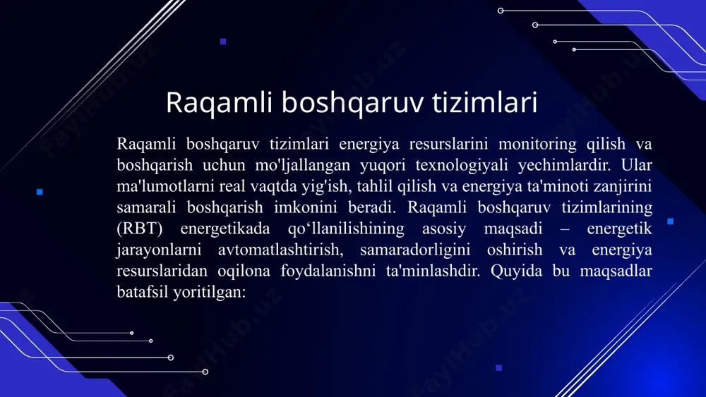 aruv tizimlarining energetikada qo'llanishi mukammal imkoniyatlarni taqdim etadi, ammo bir qator muammolar ham mavjud. ularni hal etish va samaradorlikni oshirish uchun qanday choralar ko'rilishini muhim ahamiyatga ega. foydalanilgan adabiyotlar 1. katsuhiko ogata – discrete-time control systems (raqamli boshqaruv tizimlarining nazariyasi va amaliy aspektlari batafsil yoritilgan) 2. benjamin c. kuo – digital control systems (raqamli boshqaruvning asosiy elementlari, signalni raqamlashtirish, tizim tahlili) 3. gene f. franklin, j. david powell, michael workman – digital control of dynamic systems 4. m. sami fadali, antonio visioli – digital control engineering: analysis and design 5. ogata k. – modern control engineering (zamonaviy boshqaruv nazariyasi, raqamli va analog tizimlar qiyosiy tahlili). image3.png image4.jpeg image5.jpeg image6.jpeg image1.png image2.png