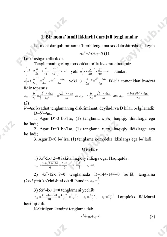 ladi. tenglamaning o`ng tomonidan to`la kvadrat ajratamiz: yoki bundan yoki ikkala tomonidan kvadrat ildiz topamiz: (2) b2-4ac kvadrat tenglamaning diskriminanti deyiladi va d bilan belgilanadi: d=b2-4ac. 1. agar d>0 bo`lsa, (1) tenglama x1≠x2 haqiqiy ildizlarga ega bo`ladi; 2. agar d=0 bo`lsa, (1) tenglama x1=x2 haqiqiy ildizlarga ega bo`ladi; 3. agar d 0 va n=2k bo`lganda, tenglama haqiqiy sonlar to`plamida ikkita yechim ga ega bo`ladi. 4. a 0 bo`lganda ildizlarini tekshiramiz. 1. d=b2-4ac>0, c>0, b>0 bo`lsa, yordamchi ay2+by+c=0 tenglama-ning ildizlari musbat va turli. bikvadrat tenglama to`rtta haqiqiy ildizga ega. 2. d>0, c>0 bo`lganda x2 uchun har xil ishorali ikkita qiymatni hosil qilamiz. bikvadrat tenglama ikkita haqiqiy, ikkita mavhum ildizga ega bo`ladi. 3. d>0, c>0, b>0 bo`lganda x2 uchun ikkita manfiy qiymatlarni topamiz. bikvadrat tenglama faqat mavhum ildizlariga ega bo`ladi. 4. c=0 bo`lsa, yordamchi tenglama ay2+by=0 bo`lib, y1=x2=0, bo`ladi. b≠0 bo`lganda bikvadrat tenglama ikki karrali ildiz x=0 ga va yana ikkita haqiqiy …