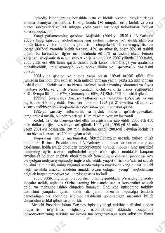 oladigan bo’ldi. 1994-yil oxirigacha 54.000 korxona mulk shaklini o‘zgartirdi. xususan, 34%-xususiy, 48% aksiyadorlik, 16%-jamoa, 1% ijaraxo‘jaligiga aylandi. iqtisodiy islohotlarning borishi, uning to‘rt yil davomidagi muvaffaqiyatlari va muammolariga respublika oliy majlisining xv sessiyasi (1995-yil dekabrda) va vazirlar mahkamasining majlisida (1996-yil fevral), birinchi prezident i.a. karimovning nutqlarida keng yoritildi. 1995-yil mamlakatning barcha sohalarini isloh qilishda tub burilish yili bo‘ldi. eng muhimi islohiy jarayonlarga kishilarimizning ishonchi ortdi. ishlab 75 chiqarishning pasayishi keskin to‘xtadi, jamiyatimizda iqtisodiy-ijtimoiy va siyosiy barqarorlik yuz berdi. moliyaviy vaziyat o‘nglanib, inflyasiyani 1994-yilga nisbatan uch barobar kamaytirishga erishildi. narxning o‘sishi yil boshida 16,9 foizni tashkil etgan bo‘lsa, yil oxirida 2,2 foizni tashkil qildi. valyuta bozorida joriy yilda o‘tgan yilga nisbatan 11 marta ko‘p, ya’ni 1,3 mlrd dollar sotildi. ichki yalpi mahsulot 1995-yilda 1994-yilning darajasiga nisbatan 96 foiz o‘rniga 98,8 foizni tashkil etdi. ishlab chiqarilgan milliy daromad 98,5 foizga yetdi. sanoat ishlab chiqarish hajmi shu yili o‘tgan yilga nisbatan 100,2 foizga teng …