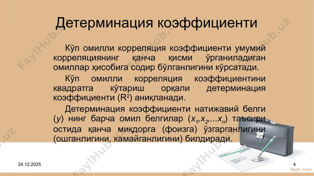 .10.2022 15 giperbola yoki darajali funktsiya yoki va boshqa ko'rinishlarda ifodalanadigan bog'lanishlar egri chiziqli (yoki chiziqsiz) bog'lanishga misol bo'la oladi. 26.10.2022 16 3. umumlashtirilgan va bavosita “eng kichik kvadratlar usuli” umumlashtirilgan ekk usuli ko'p omilli chiziqli funktsiyasi uchun: 26.10.2022 17 bir necha arifmetik amallar bajarish natijasida quyidagi normal tenglamalar tizimi hosil bo'ladi 26.10.2022 18 tenglashtirish parametrlari bevosita eng kichik kvadratlar usuli yordamida baholanadi. eksponentsional funktsiya parametrlarini baholash uchun esa boshlang'ich qatorlar qiymatini logarifmlamoq lozim. normal tenglamalar tizimi quyidagicha bo'ladi: a) k tartibli polinom uchun: 26.10.2022 19 b)eksponentsional funktsiya uchun: 26.10.2022 20 4. ekonometrik model parametrlarining iqtisodiy tahlili va elastiklik koeffitsientlarini hisoblash regressiya tenglamasini tahlil qilishda elastik koeffitsientlaridan foydalaniladi. bu koeffitsient (e) omil belgining o'rtacha necha foiz o'zgarishini ifodalaydi: bu erda 26.10.2022 21 agar natijaviy va omil belgilarining qo'shimcha o'sish sur'atlari bir xil bo'lsa, bu holda elastik koeffitsienti birga teng bo'ladi (e=1) . agar omil belgining qo'shimcha o'sish sur'ati natijaviy belgining …