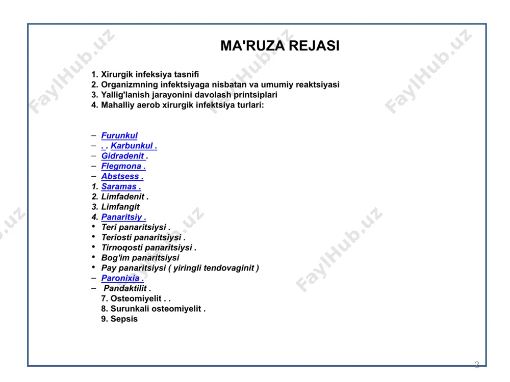 uhi paydo bo'ladi. shunday qilib, jarohatlardan olingan materialni maxsus vositalarga ekishni hisobga olmagan holda, staphylococcus aureus asosan ekilgan / taxminan 70% /, uning haqiqiy chastotasi taxminan 4% ni tashkil qiladi. lui paster anaerob mikroorganizmlarni o'rganishga bag'ishlangan materiallarni nashr etganidan beri bir asr va chorakdan ko'proq vaqt o'tdi . o'n to'qqizinchi asrning oxirida paydo bo'lgan. klinik mikrobiologiya aeroblar va anaeroblarning mikrobiologiyasi sifatida teng ravishda tug'ilgan. yigirmanchi asrning boshlarida. anaeroblar keltirib chiqaradigan kasalliklar mustaqil bo'limga ajratilgan bo'lib, ular 3 guruh kasalliklarni o'z ichiga oladi. ularning eng kattasi edi 1-guruh banal yiringli-chiritish jarayonlari. patogenlar va klinikalarning xususiyatlariga ko'ra 2-guruh qoqshol va botulizm edi. 3-guruh yumshoq to'qimalarning klostridial / gazli / gangrenalarini birlashtirdi, keyinchalik ular ko'p o'n yillar davomida shifokorlar nazarida asta-sekin anaerob lezyonlarning dominant shakliga aylandi. va 1 va 2-jahon urushlarining katta tajribasi bu, umuman olganda, noto'g'ri pozitsiyani mustahkamladi. 3 i. jarrohlik infektsiyasining tasnifi jarrohlik infektsiyasi - patogen mikroblarning organizmga kirib borishi va …