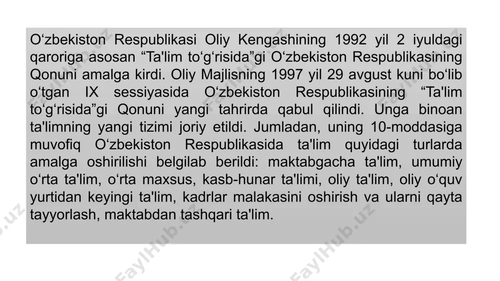 tetning filiali ochildi. yetakchi xorijiy universitetlar bilan hamkorlikda 141 ta qo‘shma ta'lim dasturi bo‘yicha kadrlar tayyorlash yo‘lga qo‘yildi. oliy ta'lim muassasalariga jami 146 ming 500 nafar yoki 2016 yilga nisbatan 2 barobar ko‘p talaba o‘qishga qabul kilindi. 2020 йилда тарихимизда илк бора 6 ёшли болаларни мактабга тайёрлаш тизими жорий қилинади. бунга бюджетдан 130 миллиард сўм ажратилиб, бу жараёнда хусусий мактабгача таълим муассасалари ҳам бевосита иштирок этиши; бюджетдан ажратиладиган 1,7 триллион сўм маблағ ҳисобидан 36 та янги мактаб қурилиб, 211 таси капитал таъмирланади. шунингдек, 55 та хусусий мактаб ташкил этилиб, уларнинг сони 141 тага етказилиши; 2020 йилги ўқув йилидан бошлаб, мутлақо янги профессионал таълим тизими йўлга қўйилиб, 340 та касб-ҳунар мактаби, 147 та коллеж ва 143 та техникум ташкил этилишини назарда тутилган oliy o‘quv yurtlariga talabalar qabul qilish davlat grantlarini 2 barobar ko‘paytirildi. qizlarimiz uchun alohida grantlar ham ajratiladi. pedagogik ta'limning 6 ta yo‘nalishi bo‘yicha o‘qish muddati 3 yil qilib belgilanadi. …