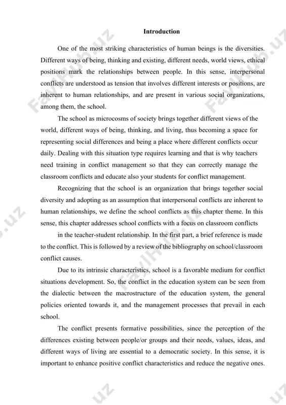 fine the school conflicts as this chapter theme. in this sense, this chapter addresses school conflicts with a focus on classroom conflicts in the teacher-student relationship. in the first part, a brief reference is made to the conflict. this is followed by a review of the bibliography on school/classroom conflict causes. due to its intrinsic characteristics, school is a favorable medium for conflict situations development. so, the conflict in the education system can be seen from the dialectic between the macrostructure of the education system, the general policies oriented towards it, and the management processes that prevail in each school. the conflict presents formative possibilities, since the perception of the differences existing between people/or groups and their needs, values, ideas, and different ways of living are essential to a democratic society. in this sense, it is important to enhance positive conflict characteristics and reduce the negative ones. so, the difficulty …