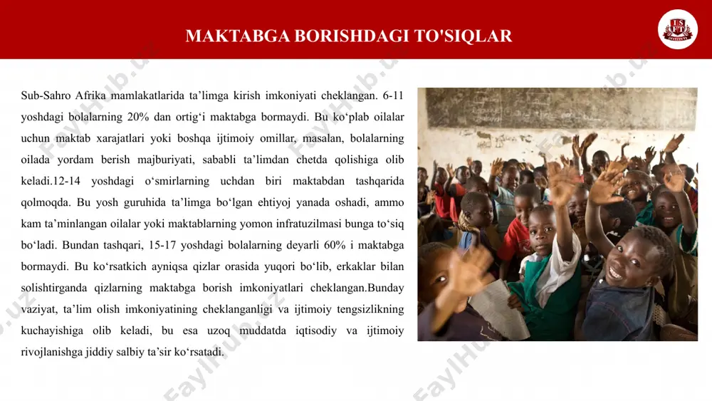 arali ta’lim jarayonini yaratishning qiyinligini ham keltirib chiqaradi. gender tengsizligi sub-sahro afrikasida 6-11 yoshdagi 9 million qiz hech qachon maktabga bormaydi, bu ko‘rsatkich o‘g‘il bolalarga nisbatan yuqori. erta nikoh, madaniy me’yorlar va xavfsizlik muammolari qizlarning ta’lim olishiga jiddiy to‘sqinlik qiladi. ko‘p hollarda, qizlar oila yoki jamiyat tomonidan o‘qishdan voz kechishga majbur bo‘ladi, chunki ularning asosiy roli uy ishlarini bajarish yoki erta turmushga chiqish deb qaraladi.madaniy me’yorlar qizlarning maktabga qatnashiga qarshi bo‘lishi mumkin, shuningdek, xavfsizlik masalalari, ayniqsa, qishloq joylarida, qizlarni ta’lim olishdan mahrum qiladi. erta nikoh va homiladorlik tufayli qizlar ta’limni tark etishga majbur bo‘ladi, bu esa ularning kelajakdagi imkoniyatlarini keskin cheklaydi va jamiyatning rivojlanishiga salbiy ta’sir qiladi. bu holat, gender tengsizlikni kuchaytirib, qizlarning iqtisodiy va ijtimoiy imkoniyatlarini kamaytiradi. dastlabki ta'limning ahamiyati janubiy afrikada 10 yoshli bolalarning 80% dan ortig‘i matnni tushunib o‘qiy olmaydi. bu ko‘rsatkich, dastlabki ta’limning samarasizligini va yosh bolalar uchun o‘qish, yozish va tushunish ko‘nikmalarining yetarli darajada rivojlanmasligini …