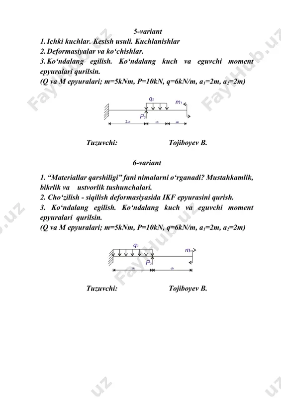 variant 1. siljish. umumiy tushunchalar. 2. brus, plastinka va massivlarning xarakterli geometrik belgilarini ko‘rsating. 3. burovchi moment va uning epyurasini qurish. (m epyuralari; m1=5knm, m2=10knm m3=2knm a1=2m, a2=2m) tuzuvchi: tojiboyev b. 22-variant 1. burovchi moment tenglamasi qanday tuziladi? bunda ishoralash tartibini tushuntiring. 2. jismning deformasiyasi nima? 3. bo‘ylama (normal) kuchni aniqlash va uning epyurasini qurish. (n- epyurasi; p1=5kn, p2=10kn, p3=4kn, a1=2m, a2=2m) tuzuvchi: tojiboyev b. 23-variant 1. mustaxkamlik nazariyasi xaqida umumiy tushunchalar. 2. muhandislik tuzilmalari qismlarining hisob sxemalari 3. ko‘ndalang egilish. ko‘ndalang kuch va eguvchi moment epyuralari qurilsin. (q va m epyuralari; m=5knm, p=10kn, q=6kn/m, a1=2m, a2=2m) tuzuvchi: tojiboyev b. 24-variant 1. balka ixtiyoriy kesimidagi eguvchi moment qanday topiladi? 2. egilishdagi normal kuchlanishla, 3. ko‘ndalang egilish. ko‘ndalang kuch va eguvchi moment epyuralari qurilsin. (q va m epyuralari; m=5knm, p=10kn, q=6kn/m, a1=2m, a2=2m) tuzuvchi: tojiboyev b. 25-variant 1. statik noaniq sistemalar. umumiy tushunchalar. 2. jismning deformasiyasi nima? 3. bo‘ylama (normal) kuchni …