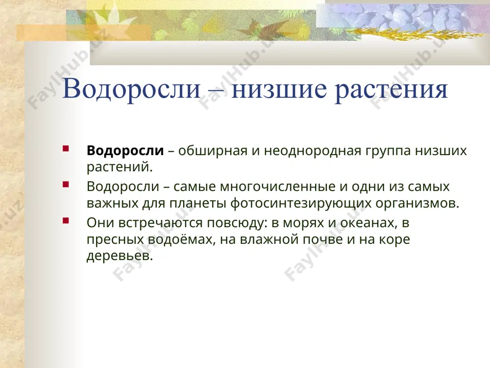 женская гаметы одинаковы), анизогамия (обе гаметы подвижны, но различаются по размерам) либо оогамия (женская гамета неподвижна и значительно крупнее, чем мужская). половое и бесполое размножение водорослей зигота развивается сразу или после некоторого периода покоя. у примитивных водорослей и споры, и гаметы даёт одна и та же особь; у более высокоразвитых функции полового и бесполого размножения выполняют разные особи – спорофиты и гаметофиты. последние могут прорастать одновременно и в одинаковых условиях, в разных местах либо в разные сезоны. у высших водорослей происходит чередование поколений; при этом либо гаметофит прорастает на спорофите, либо наоборот. помимо этого распространено бесполое размножение – делением надвое (одноклеточные водоросли), либо вегетативно – частями слоевища или почками. места обитания водорослей водоросли – преимущественно водные существа, обитающие как в морской, так и в пресной воде. мелкие свободноплавающие водоросли входят в состав планктона; другие прикрепляются ко дну, иногда образуя целые заросли. большинство из них обитает на глубине до 40 м; …