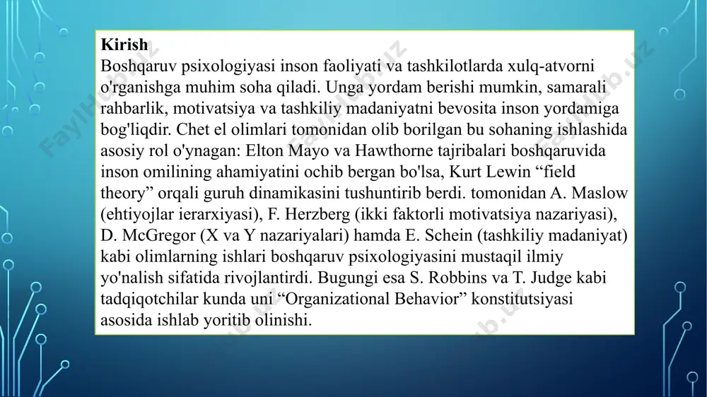da boshqaruv psixologiyasining maqsadini izohlaydi: inson xulq-atvorini ilmiy asosda o'rganish, nazorat qilish. ularning ta' yukicha, boshqaruv jarayonida uchta asosiy vazifa: uni darajada ; inson xulqini bashorat qilish ; va samaradorlikni bosing uchun nazorat qilish shu bois, boshqaruv psixologiyasining maqsadi milliy nazariy bilim berish, balki real tashkilotlarda motivatsiyani ishlab chiqish, ish ishlab chiqarishni yaratish, nizolarni yaratish va sog'lom tashkiliy madaniyatni kuzatishdir. 1.2. tadqiqot uslublari va manbalar (klassik eksperimental va etnografik yoritishlar) boshqaruv psixologiyasida klassik eksperimental belgilar va etnografik metodlar asosiy o'rin tutadi. klassik tajribalari — elton mayo va uning tajribalari olib borilgan haq tajribalari bunga misoldir. ushba tajribalar bilan shug'ullanish ish unumdorligi faqat mehnat sharoitlari bilan emas, balki ijtimoiy xavfsizlik va rahbarlik munosabatlari bilan chamambarchas bog'liqligini ko'rsatadi. shu orqali “inson munosabatlari” maktabi vujudga keldi. klassik tajribalari — elton mayo va uning tajribalari olib borilgan haq tajribalari bunga misoldir. ushba tajribalar bilan shug'ullanish ish unumdorligi faqat mehnat sharoitlari bilan emas, balki ijtimoiy …