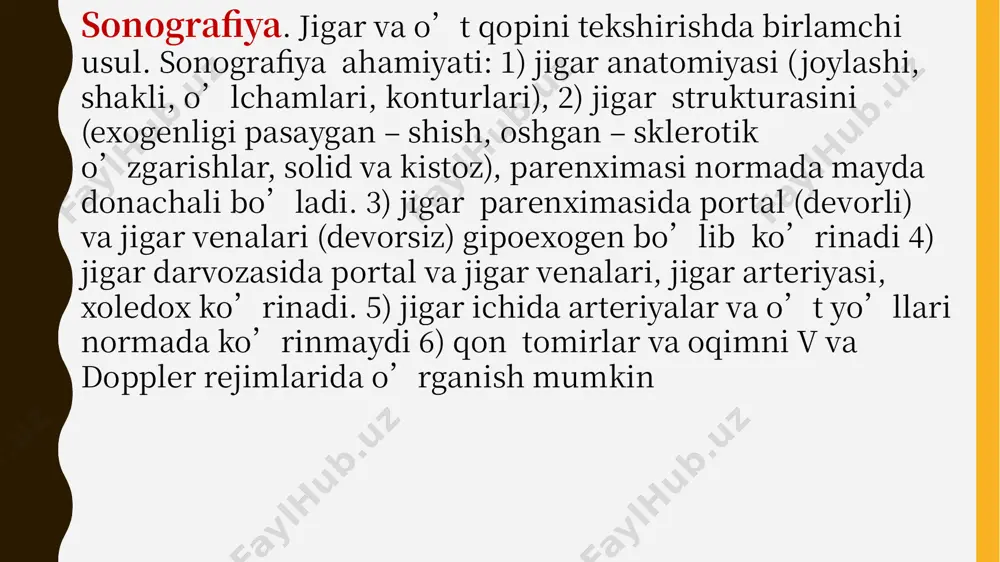 sidagi o'zgarishlar. najas rangining o'zgarishi va siydikning qorayishi. kechiktirilgan virusli gepatit. qorin bo'shlig'i travmasidan gumon qilingan organ shikastlanishi. jarayonga tayyorgarlik: - yig'ilgan gazlar jigar va o't pufagini tekshirishga xalaqit bermasligi uchun, tekshiruvdan bir -ikki kun oldin, siz gaz ishlab chiqarilishi yuqori bo'lgan mahsulotlardan - karam, dukkakli, qora non, gazlangan ichimliklardan voz kechishingiz kerak. - surunkali ich qotishi uchun siz ho'qna yoki laksatif qabul qilishingiz kerak. - kechki ovqatni imtihondan 8 soat oldin faqat yengil ovqat bilan iste'mol qilishingiz mumkin. ultratovush tekshiruvi qat'iy ravishda och qoringa o'tkaziladi. - ultratovush diagnostikasidan oldin xoleretik preparatlar va jigar faoliyatiga ta'sir etuvchi dorilarni qabul qilish mumkin emas. mrt. kompyuter tomografiyadan jigar tekshirishda umuman aytganda qo’llaniladi lekin ko’p emas. kamchiliklari: nafas bilan sinxronizatsiya yo’q, fazoviy farqlash kichikroq (tasvir unchali tiniq emas), kaltsinatlar (toshlar) yaxshi ko’rinmaydi, qimmat. ahamiyati ktga o’xshash (shu jumladan kontrast mrt). tekshiruvga nafas, qon oqimi va peristaltika harakati xalakit beradi. mrt ktdan ustun bo’lishi …