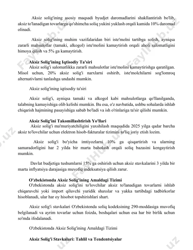 aksiz to'lanadigan tovarlarga qo'shimcha soliq yukini yuklash orqali kamida 10% daromad olinadi. aksiz solig'ining muhim vazifalaridan biri iste'molni tartibga solish, ayniqsa zararli mahsulotlar (tamaki, alkogol) iste'molini kamaytirish orqali aholi salomatligini himoya qilish va 5% ga kamaytirish. aksiz solig'ining iqtisodiy ta'siri aksiz solig'i salomatlikka zararli mahsulotlar iste'molini kamaytirishga qaratilgan. misol uchun, 20% aksiz solig'i narxlarni oshirib, iste'molchilarni sog'lomroq alternativlarni tanlashga undashi mumkin. aksiz solig'ining iqtisodiy ta'siri aksiz solig'i, ayniqsa tamaki va alkogol kabi mahsulotlarga qo'llanilganda, talabning kamayishiga olib kelishi mumkin. bu esa, o'z navbatida, ushbu sohalarda ishlab chiqarish hajmining pasayishiga sabab bo'ladi va ish o'rinlariga ta'sir qilishi mumkin. aksiz solig'ini takomillashtirish yo'llari aksiz solig'i ma'muriyatchiligini yaxshilash maqsadida 2025 yilga qadar barcha aksiz to'lovchilar uchun elektron hisob-fakturalar tizimini to'liq joriy etish lozim. aksiz solig'i bo'yicha imtiyozlarni 10% ga qisqartirish va ularning samaradorligini har 2 yilda bir marta baholash orqali soliq bazasini kengaytirish mumkin. davlat budjetiga tushumlarni 15% ga oshirish uchun aksiz stavkalarini …