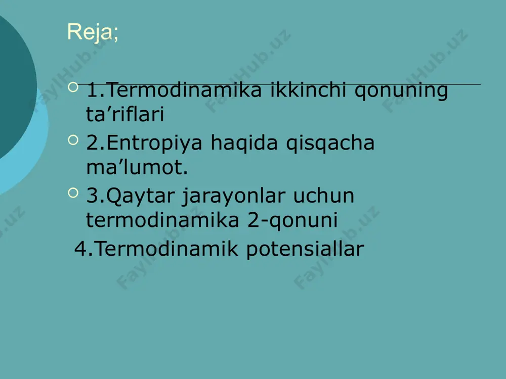 laydi.o’z-o’zidan boradigan jarayonlarning borish sharoitini yoki muvozanat qaror topishini aniqlash nazariy va amaliy jihatdan katta ahamiyatga ega. ikkinchi qonunda ta’kidlanganidek,issiqlikni(molekulalarning tartibsiz harakatining) ishga (molekulalarning tartibli harakatiga)to’liq aylanmaydi,lekin ish to’liq issiqlikka aylanadi.m:gaz siqilgan paytda quyidagilar sodir bo’ladi: entropiya haqida ma’lumot 1.molekulalarning tartibsiz harakati tufayli energiyaning har qanday turlari issiqlikka aylanishga harakat qiladi. 2.issiqlik esa sovuqroq jismga beriladi. 3.bu jarayon tabiiy bo’lib,o’z-o’zidan boradi. 4.reaksiya qaytmasdir. buni fanda entropiya termodinamik funksiyasi yordamida o’rganiladi.bu funksiyani birinchi bo’lib fanga klauzius(1865y) kiritgan va s bilan belgilagan. qaytar jarayonlar uchun termodinamika 2-qonuni qaytar jarayonlar uchun entropiyaning issiqlikka bog’liqligini ko’radigan bo’lsak,termodinamikaning 1-qonunidan ^q(qaytar)=du+^w(qaytar)=pdv. agar faqat tashqi bosimga qarshi mexanik ish bajarilsa ^wqaytar=pdv 1 mol ideal gaz uchun quyidagi ko’rinishga keladi:^qqaytar =cvdt+pdv bu yerda ^q-to’liq differensial emas.ideal gaz uchun cv hajmga bog’liq bo’lmagani uchun (^cv/^v)t=0; ideal gaz holat tenglamasi pv=nrt dan p=rt/v va (^p/^t)t=r/v.bu ifoda ham nolga teng bo’lganda to’liq differensiallik sharti bajarilar edi.demak (^cv/^v)t bilan (^p/^t)v funksiya bir-biriga …