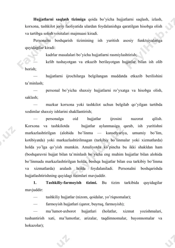 orligi, ishdan bo’shatish va hokazolar bo’yicha statistika hisobotlari). 4. ijtimoiy ta’minot bo’yicha hujjatlar (nafaqalar, imtiyozlar, ijtimoiy sug’urta va hokazolarga oid hujjatlar). personalni boshqarish xizmatining har bir bo’linmasi hujjatlarni o’z funktsiyalariga asosan yaratadi, rasmiylashtiradi va ijrosini ta’minlaydi. bu hujjatlarning aksariyati korxona yoki tashkilot ichkarisida foydalanishga mo’ljallanganligi sababli ular bilan ishlash tartibi ichki nizomlar, qoidalar va yo’riqnomalarda belgilab qo’yiladi. personal bilan ishlash xizmatining tashkiliy-kadrlar hujjatlari mavjud bo’lib, ular korxona va tashkilot tarkibi, shtatlar jadvali, personal to’g’risidagi nizom, xizmat yo’riqnomasi, ichki ish tartibi qoidalaridan iboratdir. korxona va tashkilot tarkibi alohida hujjat shaklida rasmiylashtirilib, unda barcha tarkibiy bo’linmalar, lavozimlar nomlanishi va har bir lavozim bo’yicha shtat birliklari mikdori ko’rsatiladi. shtatga muvofiq shtatlar jadvali ishlab chikariladi. shtatlar jadvalida personal lavozimlari va miqdori, ish haqi fondi qayd etilgan bo’ladi. shtatlar jadvali korxona yoki tashkilot blankida rasmiylashtirilib, unda quyidagi rekvizitlar: korxona yoki tashkilotning nomlanishi, hujjatning nomlanishi, u rasmiylashtirilgan sana, tartib raqami, manzil ko’rsatiladi hamda rahbar imzosi va …