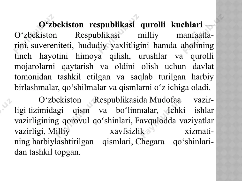 belarus (52), gruziya (64), qozogʻiston (80), estonia (96), litva (103) oʻrin olgan. armaniston, moldova, latviya kabi mamlakatlar reytingga kiritilmagan. reytingga koʻra, aqsh armiyasi eng qudratli deb topilgan boʻlsa, rossiya va xitoy armiyasi kuchli uchlikdan oʻrin olgan. hindiston, buyuk britaniya, fransiya, germaniya, turkiya, janubiy koreya va yaponiya armiyasi esa kuchli oʻnlikka kirgan. qayd etish joiz, gfp’ning 2014-yilgi reytingida ham oʻzbekiston 48-oʻrinda borayotgan edi. oʻzbekiston respublikasi oliy kengashining 1991-yil 31-avgustdagi „oʻzbekiston respublikasining davlat mustaqilligi toʻgʻrisida“gi bayonotida „davlat mustaqilligini, hududiy yaxlitligini, fuqarolarning konstitutsiyaviy huquqi va erkinligini himoya qilish maqsadida oʻzbekiston respublikasida mudofaa ishlari vazirligi va milliy gvardiya tuziladi. respublika hududida joylashgan sobiq sssr ichki ishlar vazirligi, sssr davlat xavfsizlik qoʻmitasi hamda ichki qoʻshinlari oʻzr yurisdiksiyasiga olinadi“, deb koʻrsatilgan edi. bu 1991-yil 31-avgustda qabul qilingan „oʻzbekiston respublikasi davlat mustaqilligining asoslari toʻgʻrisida“gi qonunda „oʻzbekiston respublikasi mudofaa ishlari vazirligini tuzish, milliy gvardiya va muqobil xizmatni tashkil etish huquqiga ega“ deb huquqiy jihatdan mustahkamlandi. bu amalda yosh …