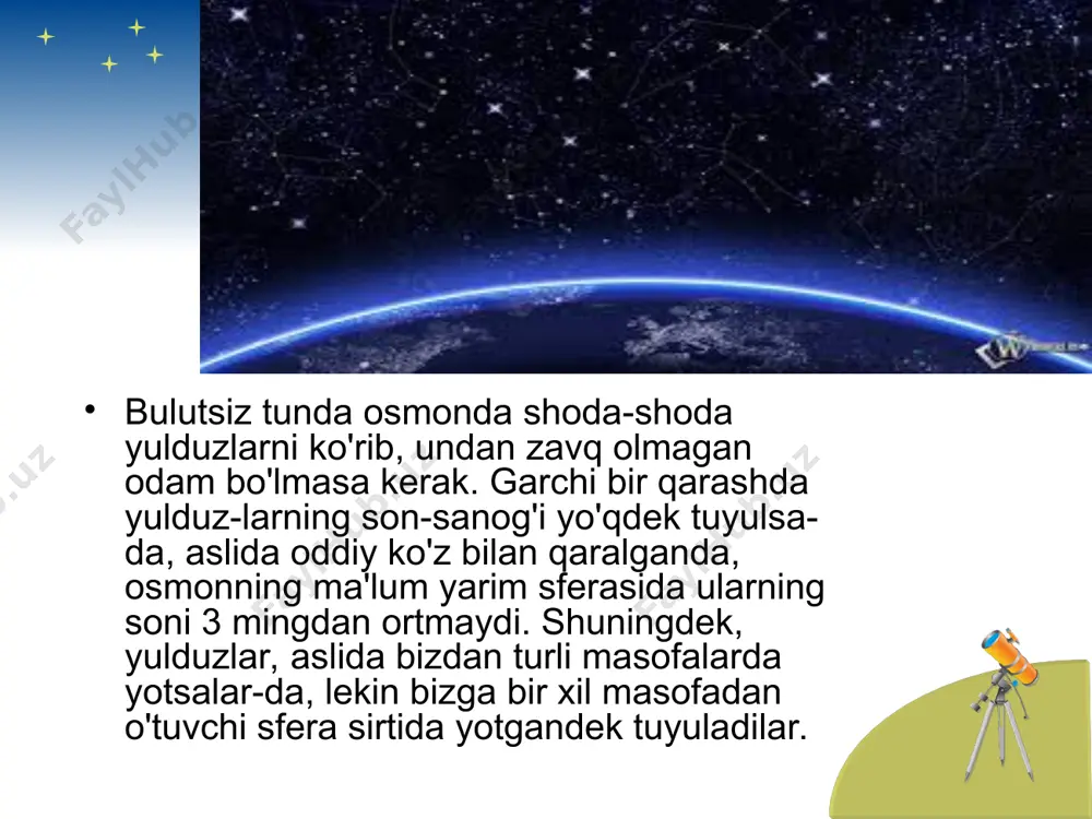 latiladi. 1922-yilda yulduz turkumlarini chegaralovchi egri chiziqlar to'g'ri chiziqlar bilan almashtirilib, ayrim katta maydonli yulduz turkumlari bir necha yulduz turkumlariga ajratildi. bugungi kunda osmon sferasi 88 ta qismga, ya'ni yulduz turkumiga bo'lingan. ma'lum yulduz turkumiga kiruvchi bir necha yorug' yulduzlar shu turkumga yoki ba'zan qo'shni yulduz turkumiga kiruvchi xira yulduzlarni topishda yaxshi mo'ljal bo‘lib xizmat qiladi. osmonda ma'lum yulduz turkumini yoki yulduzni topish uchun, dastlab yulduz xaritalari va atlaslari bilan yaxshi tanishmoq va so'ngra ular yordamida ancha mashq qilmoq zarur bo'ladi. ayniqsa, osmonning surilma xaritasidan foydalanishni o'rgangan kishi uchun osmonda ma'lum yulduz yoki yulduz turkumini topish, uning chiqish va botish vaqtlarini taxminiy belgilash ortiqcha qiyinlik tug'dirmaydi. agar tunda ma'lum bir joydan turib yulduzlar bir necha soat davomida tinimsiz kuzatilsa, butun osmon sferasining yulduzlari, kuzatuvchidan o'tuvchi faraziy o'q — olam о'qi atroflda aylanishini ko'rish mumkin. bunday aylanish davomida ixtiyoriy yoritgich o'z vaziyatinigorizont tomonlariga nisbatan o'zgartirib boradi.yulduzlar osmonining bunday ko'rinma aylanish davri …