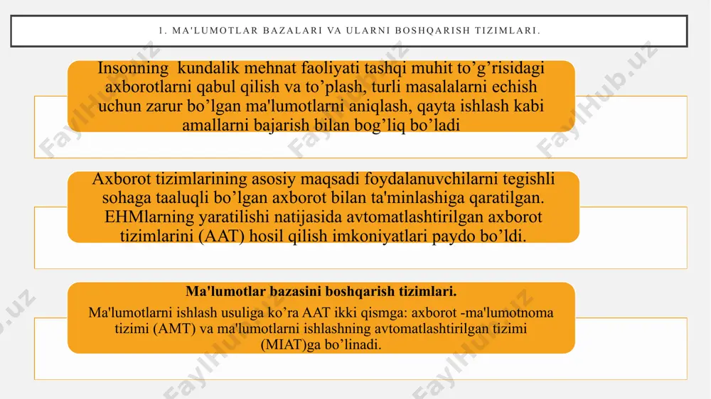 imi (mbbt) bu ko'plab foydalanuvchilar tomonidan ma'lumotlar bazasini yaratish, saqlash va almashish uchun mo'ljallangan til va dasturiy vositalar to'plamidir. ma'lumotlar bazasi foydalanuvchisiga apparat darajasida tafsilotlarga berilmasdan, u bilan ishlash qobiliyatini ta'minlash - ma'lumotlar bazasi boshqarish tizimining asosiy vazifasi. ya'ni, ma'lumotlar bazasiga barcha foydalanuvchilar so'rovlari, ma'lumotlarni qo'shish va yo'q qilish, so’rovlar, ma'lumotlarni yangilash - bularning hammasi mbbt tomonidan ta'minlanadi. mbbt funktsiyalariga quyidagilar kiradi: ma'lumotlar tuzilishini belgilaydigan va ma'lumotlar ta'rifi tilida yozilgan sxemani ma'lumotlar bilan keyingi ishlash uchun tizim tomonidan ishlatiladigan ba'zi ichki ko'rinishga tarjima qilish; ma'lumotlar bazasini yaratish (ma'lumotlar bazasiga ma'lumotlarni yuklash);belgilangan mezonlarga muvofiq saralash va tanlash, shuningdek ma'lumotlar bazasining ba'zi bir qismini ajratib olish uchun foydalanuvchi so'rovlarini amalga oshirish (ushbu mbbtda qabul qilingan maxsus tilda tuzilgan), bu ma'lumotni tahrirlash va qayta ishlash bilan birga bo'lishi mumkin;ma'lumotlar strukturasini o'zgartirmasdan ma'lumotlar bazasining ba'zi qismlarini yangilash; ma'lumotlarni himoya qilishni va ulardan foydalanishning ustuvor yo'nalishlarini ta'minlash. ilovalarni mbbt muhitida ham, mbbt tashqarisida ham yaratish …