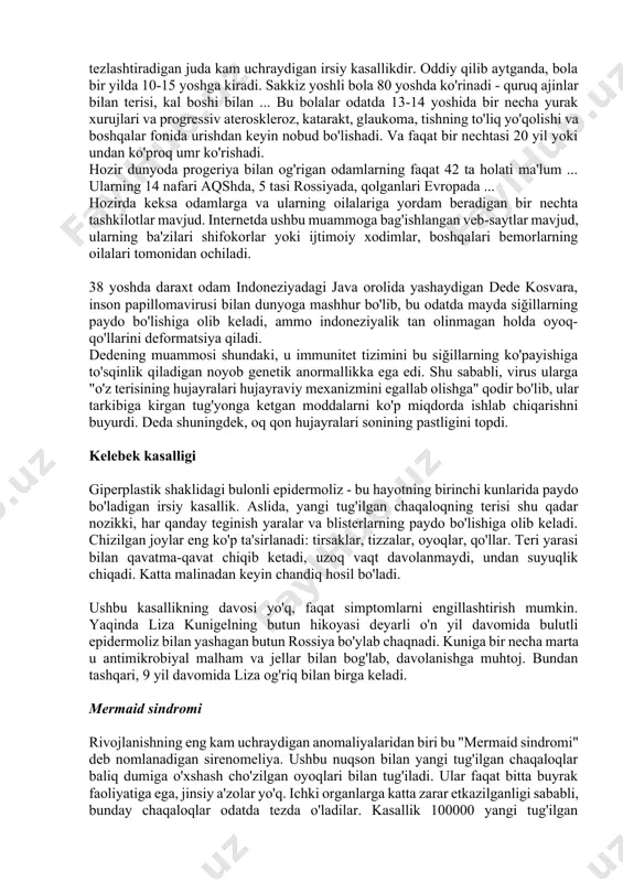 qiluvchi ko'zoynak taqishga va tashqariga chiqishda quyoshdan himoya qiluvchi vositalardan foydalanishga majbur.shu bilan birga, jismoniy rivojlanish va jismoniy faollik normal bo'lib qolmoqda.kasallikning o'zi davolanmaydi, faqat alomatlar tuzatilishi mumkin. xususan, siz tishlarning normal shaklini tiklashingiz mumkin. simon kasalligi bolaligida tashxis qo'yilgan. mandy ikkinchi marta homilador bo'lganida, unga ikkinchi bolada ham xuddi shunday kasallik bo'lishi mumkinligi haqida ogohlantirildi.biroq, simon o'sdi va yaxshi rivojlandi, shuning uchun ota-onalar bu xavfni o'z zimmalariga olishdi. o'g'il bolalar: "ba'zi bolalar bizning tashqi ko'rinishimizga kulishadi, lekin bizning do'stlarimiz buni ajoyib deb o'ylashadi". gipertrikoz ("werewolf sindromi") bu sochlarning haddan tashqari o'sishi bilan namoyon bo'ladigan, terining ushbu sohasiga xos bo'lmagan, jinsi va yoshiga mos kelmaydigan kasallik. faqat qirqdan oshiq bunday bemorlar butun dunyoda ro'yxatga olingan, shuning uchun ular uchun pul topishning eng qulay usuli - bu o'zlarini ko'rsatishdir. xunuklik ... ular mashhur bo'lish va pul ishlash uchun ginnesning rekordlar kitobiga ariza berishadi ... xitoylik yu zhenxuan buni yuz foiz amalga …