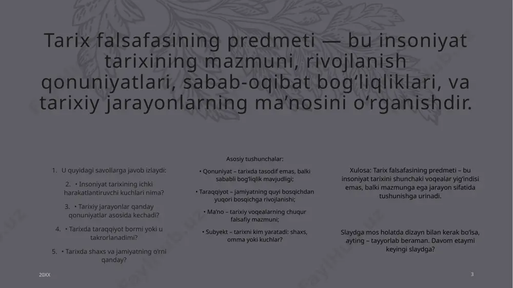 a yuksalish mavjud. mashhur vakillar: • gegel – tarixni “jahon ruhi”ning rivoji sifatida ko‘radi. • herder – har bir xalq tarixiy taraqqiyotning alohida bosqichini ifodalaydi. • karl marks – tarixni iqtisodiy asosdagi sinfiy kurashlar orqali tahlil qilgan. 20xx 9 xulosa: ratsionalistik tarix falsafasi tarixga mantiq va maqsad bilan rivojlanadigan jarayon sifatida qaraydi. keyingi slayd — iratsionalistik tarix falsafasi bo‘ladi. tayyorlaymi? 20xx presentation title 10 albatta! quyida “analitik tarix falsafasi” haqida slaydga mos matn keltiraman: analitik tarix falsafasi mazmuni: analitik tarix falsafasi — bu tarixiy bilim va tushunchalarni mantiqiy tahlil qilishga, til, tushuncha, va dalil asoslarini aniqlashga yo‘naltirilgan yo‘nalishdir. asosiy xususiyatlari: • tarixiy tushunchalarning aniq ma’nosi va mantiqiy tuzilishini o‘rganadi. • “tarixiy voqea”, “sabab”, “izoh”, “dalil” kabi tushunchalarni falsafiy jihatdan tahlil qiladi. • tarixiy bilishning metodologiyasini o‘rganadi — tarix qanday o‘rganiladi, qanday asoslarda ishonchli deb topiladi. • tarixga nazariy asoslarni aniqlash orqali yondashadi. 20xx presentation title 11 mashhur vakillar: • karl …