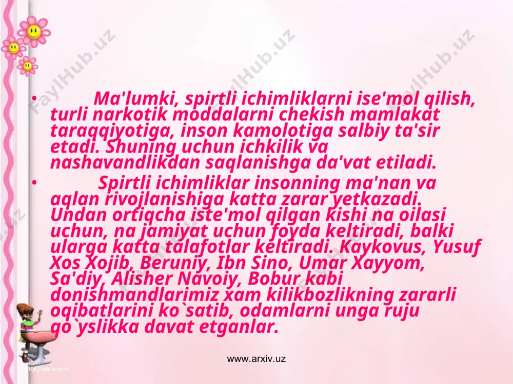 ammolardan bo`lib qolmoqda. so`ngi yillarda tibbiy ko`rsatmalardan tashqari narkotik va taksik kayf qildiruvchi turli moddalarni qabul qilish ko`rsatgichlari shiddat bilan o`sib bormoqda. eng xatarli tomoni shundaki, yoshlar orasida kuchli va og`ir sintetik giyoxvand moddalar kokain va geroin kabilarga extiyoj kuchayib borayotgani kuzatilmoqda, orasid giyoxvandlik qator tizimli bo`lishlari bilan tavsiflanadi. eng avvalo modda almashinuvi jarayonida qo`pol o`zgarishlar ro`y beradi. giyoxvand moddalar inson bosh miyayasiga maxsus ta'sir etib unga o`rganib qilishga olib keladi. shu bilan birga, ular bosh miyaning muhim ichki a'zolarini chuqur zararlanishiga hamda imunitetning paysayib ketishiga olib keladi. shaxsning salbiy tomonga o`zgarishi, xarakterning zaiflashishi, xulq-atvor buzilishi, jinoyatga qo`l urish, o`g`rilik sodir etish kabilari giyoxvandlik uchun xos bo`lgan holatlardir. www.arxiv.uz www.arxiv.uz www.arxiv.uz www.arxiv.uz undan tashqari, maktab yoki o`quv yurtidagi umumiy intizomning buzilishi o`quvchi yoki talabalar o`zlashtirishining pasayishi, giyoxvandlikka xos muhit g`oyasining tarqalishi kabilar ham giyoxvandlik illatining yoshlar muhitiga kirib kelganligini anglatadi. tibbiy tomondan, giyoxvandlik oqibatida gipotitlar, vichlar, oitslar jinsiy yo`l bilan …