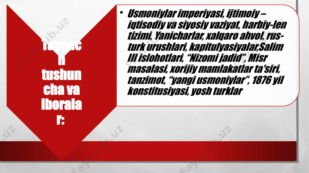 , jazoir va boshq.). buyuk davlatlarning turkiya ishlariga aralashuvi kuchaydi. iqtisodiy va ijtimoiy oʻzgarishlar 20-30 yillaridan xix asrning boshlab turkiyaga chet el sarmoyasining kirib kelishi kuchaydi. chet el fabrika mollari turk bozorini egallab oldi. turk hunarmandchiligi va manufakturasi inqirozga yuz tutdi. bursa va diyorbakr shaharlarida gazlama ishlab chiqarish xix asrning dastlabki 40 yilida 10 barobar qisqardi. ipak gazlama ishlab chiqarish keskin ravishda qisqardi. endilikda ipak xom ashyosining barchasi chetga olib ketilardi. turkiya gʻarb davlatlarining xom ashyo manbaiga aylana bordi. chet el sarmoyasining kirib kelishi turkiya iqtisodiyotida tovar-pul munosabatlarni bir tomonlama oʻsishini ma'lum darajada ragʻbatlantirdi, tashqi savdo oʻsdi. turk qishlogʻining natural tavsifi sekinlik bilan boʻlsada oʻzgara boshladi. istambul, izmir kabi yirik port shaharlari oʻsib, tashqi savdo markaziga aylana bordi. bu iqtisodiy jarayonlar ma'lum bir darajadagi ijtimoiy oqibatlarga olib keldi. yerning bir qismini savdogarlar sotib ola boshladi. oʻz mahsulotini bozorda sotuvchi yangi zamindorlar shakllandi. davlat mulki hisoblangan yer amalda xususiy mulkka aylana …