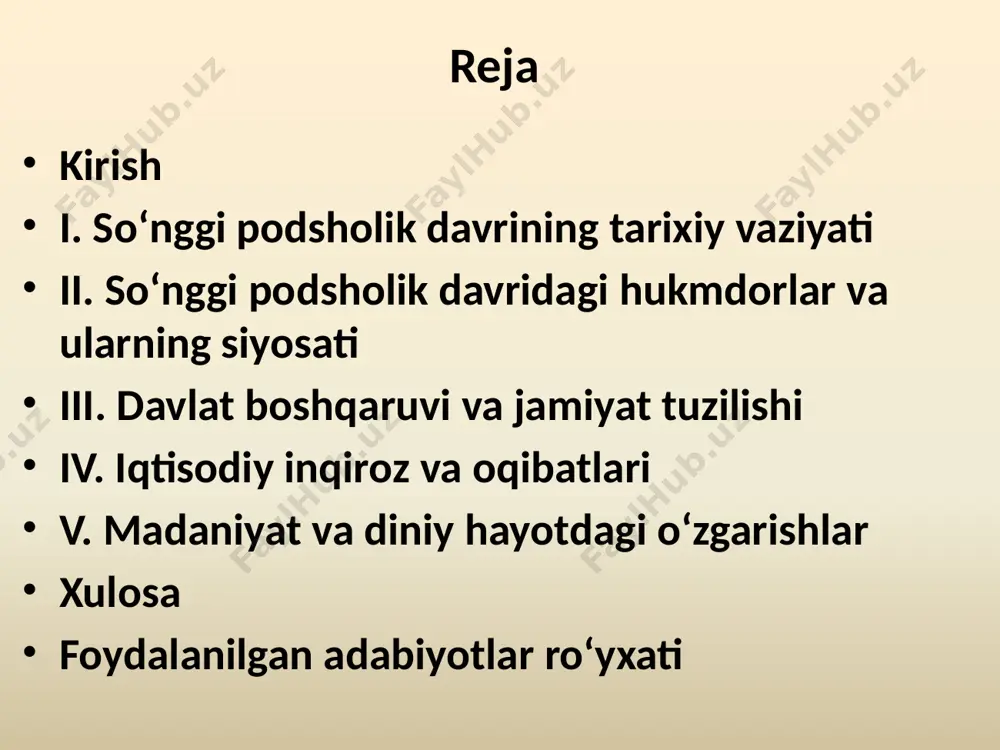 kuchsizlanishi va mahalliy elita guruhlarining mustaqillikka intilishi kuzatilgan. bu davrda misr ikkiga bo‘lingan edi: shimolda tanis shahrida joylashgan fir’avnlar hokimiyati va janubda fiva shahrida amon ruhoniylarining diniy-siyosiy ta’siri. ushbu bo‘linish davlatning yaxlitligiga putur yetkazdi va markaziy hokimiyatning mintaqalar ustidan nazoratini yo‘qotishiga olib keldi. so‘nggi podsholik davridagi hukmdorlar va ularning siyosati so‘nggi podsholik davri ramzeslar sulolasining oxirgi vakillari va ularning vorislari faoliyatini qamrab oladi. ushbu davrda hukmdorlar markaziy hokimiyatni tiklash va davlatning avvalgi qudratini qayta qozonish uchun turli choralar ko‘rdilar, ammo ko‘pincha muvaffaqiyatsizlikka uchradi. quyida ramzeslar sulolasining oxirgi vakillari, fir’avnlarning hokimiyatni saqlashga qilgan urinishlari va taniqli hukmdorlarning tarixdagi o‘rni ko‘rib chiqiladi. davlat boshqaruv tizimining zaiflashuvi davlat boshqaruv tizimining zaiflashuvi ko‘pincha markaziy hokimiyatning samaradorligini yo‘qotishi, institutsional barqarorlikning pasayishi va qonunchilik mexanizmlarining ishonchsizligi bilan xarakterlanadi. bunday holatda davlat apparati o‘z funksiyalarini to‘liq bajarishda qiynaladi, bu esa jamiyatda tartibsizlik va ishonchsizlik muhitini vujudga keltiradi. markaziy hokimiyatning zaiflashuvi hududiy boshqaruv organlarining mustaqillikka intilishi yoki ularning …