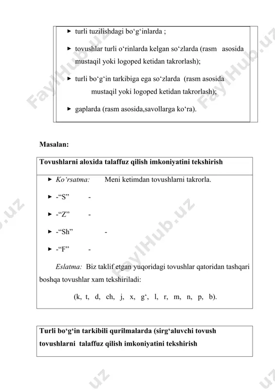 aydi). kosa - qoshiq - tufli osmon - zanjir - sham somon - zira - tesha sigir - tarvuz - tosh son - zirak - shashka. sabzi - zina - kalish 3. ko‘rsatma: rasm asosida gap tuz. biz tekshirayotgan tovushlar predmetlar nomlarida mavjud bo‘lgan syujetli rasmlar taklif etiladi.( s, z, sh, f,) · quyon sabzi yeyapti. · kuchuk zanjirga boylangan. · qizcha shar o‘ynayapti. · onam zirak sotib oldi. · bolalar futbol o‘ynayapti. · 4. ko‘rsatma: savollarga to‘liq javob ber. savatda nima turibdi? (sabzi). bobo nima ekibdi? (sholg‘om). kuchuk nimaga bog‘langan? (zanjirga). sirkda nima o‘ynayapti? (fil). ona qiziga nima sovg‘a qildi? (zirak). yomg‘irda ivib ketmaslik uchun nima tutish kerak? (soyabon). berilgan topshiriqni bajaring! fonematik eshituvni shakllanganlik xolatini tekshirish qaysi usullar orqali olib boriladi? (amaliy jihatdan yondoshing) tizim quyidagi topshiriklarni o‘z ichiga oladi: · nonutqiy tovushlarni tanish; · tovush tarkibiga ko‘ra yaqin so‘zlarni farqlash; · bo‘g‘inlarni farqlash; masalan: nonutqiy tovushlarni tanish …