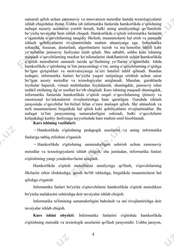 huningdek, informatika fanlarida hamkorlikda o‘qitish orqali o‘quvchilarning ijtimoiy va emotsional ko‘nikmalarini rivojlantirishga ham qaratilgan. guruhda ishlash jarayonida o‘quvchilar bir-birlari bilan o‘zaro muloqot qilish, fikr almashish va turli muammolarni birgalikda hal qilish kabi qobiliyatlarni rivojlantiradilar. bu nafaqat ta’lim jarayonining samaradorligini oshiradi, balki o‘quvchilarni kelajakdagi kasbiy faoliyatga tayyorlashda ham muhim omil hisoblanadi. kurs ishining vazifalari: · hamkorlikda o'qitishning pedagogik asoslarini va uning informatika fanlariga tatbiq etilishini o'rganish · hamkorlikda o'qitishning samaradorligini oshirish uchun zamonaviy metodlar va texnologiyalarni ishlab chiqish, shu jumladan, informatika fanlari o'qitishining yangi yondoshuvlarini aniqlash. hamkorlikda o'qitish metodlarini amaliyotga qo'llash, o'quvchilarning fikrlarini erkin ifodalashga, guruh bo'lib ishlashga, birgalikda muammolarni hal qilishga o'rgatish. informatika fanlari bo'yicha o'qituvchilarni hamkorlikda o'qitish metodikasi bo'yicha malakasini oshirishga doir tavsiyalar ishlab chiqish. informatika ta'limining samaradorligini baholash va uni rivojlantirishga doir tavsiyalar ishlab chiqish. kurs ishini obyekti: informatika fanlarini o'qitishda hamkorlikda o'qitishning metodik va texnologik asoslarini qo'llash jarayonidir. ushbu jarayon, o'quvchilarni guruhlarda ishlash, o'zaro muloqot qilish, texnologiyalardan …
