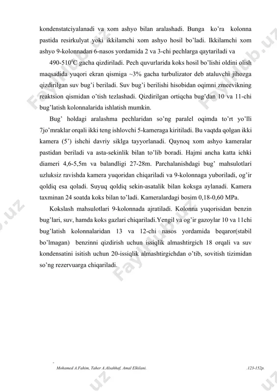 nasosl ar ; 2,3 - quvurli pechlar ; 4 - yig ’ gich ; 5, 5’ - sekinlik bilan koks hosil qiluvchi kameralar ; 7 - to ` rt yo ` lli jo ` mrak ( kran 21 ; 8, 19, ) - havoli sovitish jihozlari ; 9 - rektifikatsion kolonna ; 10, 11 - bug ’ latuchi kolonna ; 16 - sovitkich ; 17 - ajratkich ; 18, 20 - issiqlik a lmashtirgichlar . mohamed a.fahim, taher a.alsahhaf, amal elkilani. .123-152p. 137 4 mohamed a.fahim, taher a.alsahhaf, amal elkilani. .123-152p. reakstion kameralarda reakstiya - koksni sovitish - koksni bushatish - kamerani qizdirish stikli asosida kokslash jarayoni amalga oshiriladi. kamerada hosil bo’lgan koks yuqori bosimli suv okimi yordamida kesiladi va kameradan chiqariladi. kesilgan koks bulaklari maydalagichga berilib 150 mm dan katta bo’lmagan bo’laklarga bo’linadi. maydalangan koks quritilib, elanadi va uch fraksiyaga (150-25 mm; 25-6 mm; 6-0mm) ajratiladi. bo’shatilgan kameralar o’tkir …