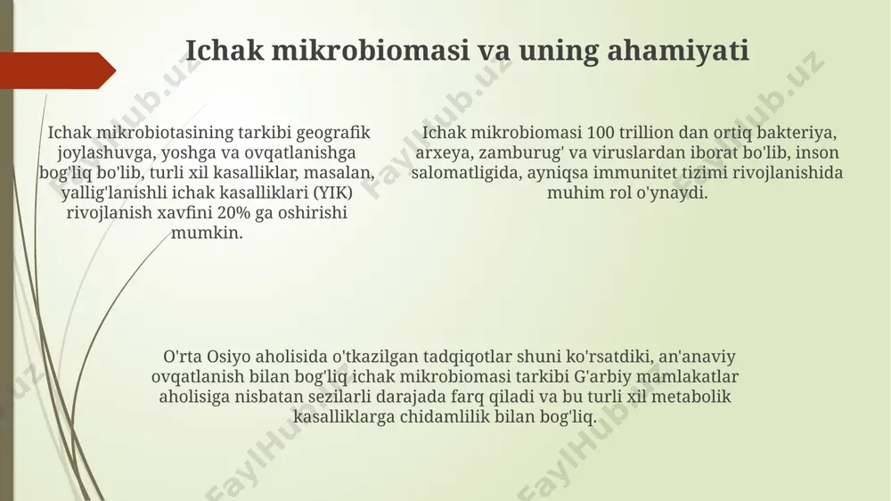 ra deb ataluvchi qopchalar mavjud bo'lib, ular najas massasining harakatlanishiga yordam beradi. ushbu haustralar ko'proq o'ng va ko'ndalang yo'g'on ichakda aniq ko'rinadi. ingichka ichak uzunligi kattalardagi odamlarda taxminan 6-7 metrni, diametri esa 2,5-4 sm ni tashkil etadi va o'n ikki barmoq ichak, och ichak va yonbosh ichakdan iborat bo'lib, oshqozon osti bezi va jigar yo'llari bilan bog'langan. yo'g'on ichak uzunligi taxminan 1,5 metr bo'lib, ko'r ichak, yo'g'on ichakning o'ng, ko'ndalang, chap va sigmoid qismlaridan, to'g'ri ichak va anal kanalidan tashkil topgan. uning diametri ingichka ichakka nisbatan ancha katta. ichak tutilishi ichak tutilishining 30% dan ortiq hollari mexanik to'siqlar, masalan, yo'g'on ichakning o'smalari yoki ingichka ichakning adenomalariga bog'liq bo'lib, toshkentdagi shifoxonalarda tez-tez uchraydi. ingichka ichakning pastki qismidagi tutilishlar yo'g'on ichakdagiga qaraganda 5 barobar tez-tez uchrab, andijon hududida o'tkazilgan statistik ma'lumotlarga ko'ra, yosh bolalar orasida ko'proq kuzatiladi. ingichka ichakning pastki qismidagi tutilishlar yo'g'on ichakdagiga qaraganda 5 barobar tez-tez uchrab, andijon hududida o'tkazilgan …