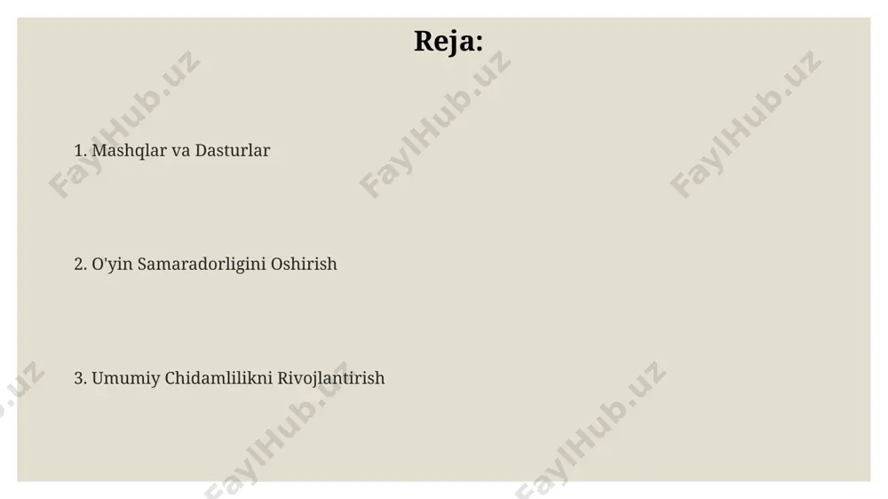 qiqalik yuqori intensivlikdagi yugurish mashqlari, masalan, 400 metrlik yugurishlarni 3-4 marta takrorlash, anaerobik chidamlilikni sezilarli darajada oshiradi. individual yondashuv индивидуал югуриш машқларида 400 метрлик дистанцияларни 7-8 марта такрорлаш ва ҳар бир такрорлашдан кейин 2 дақиқалик дам олиш наманган вилоятидек тоғли ҳудудларда янада самаралироқ натижа беради. юқори интенсивликдаги югуриш машқларини 20-30 секунд давом эттириб, 1:1 нисбатида дам олиш билан алмаштириш, ҳафтасига 2 марта, жами 10-12 та такрорлаш билан андижондаги спорт мажмуасида ўтказилиши мумкин. футболчиларнинг индивидуал тайёргарлигида югуриш масофасини 30% га ошириш, ҳафтасига 3 марта, 15-20 дақиқа давом этадиган интервалли машқларни тошкент шаҳрининг стадионларида ўтказиш самаралидир. futbolchilar uchun chidamlilik turlari o'rtacha chidamlilik (aerobik chidamlilik), 60-90 minut davomida o'rtacha intensivlikdagi harakatlarni, masalan, "camp nou"dagi o'yinda maydon bo'ylab muntazam yugurishni va pozitsiyani saqlashni ta'minlaydi. bu 150-180 zarbani qayd etishni talab qilishi mumkin. maksimal kislorod iste'moli (vo2 max) - futbolchining "santiago bernabéu" stadionda o'yin davomida maksimal darajada kisloroddan foydalanish qobiliyatini o'lchaydigan muhim ko'rsatkich bo'lib, bu …