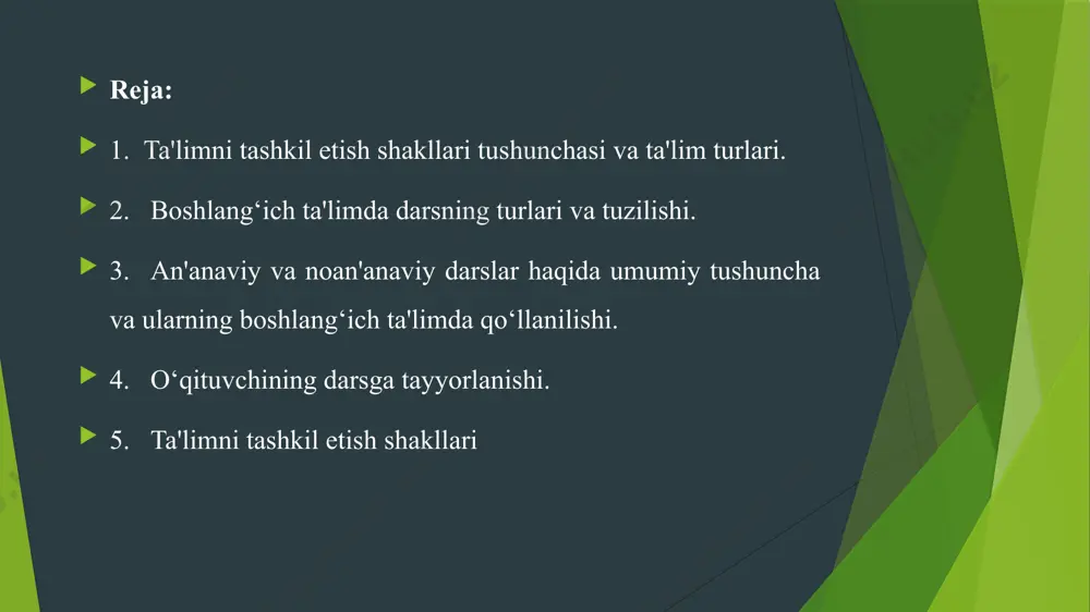 lishi fanning ilg’or yutuqlari, pedagogik texnologiyalardan foydalanish, darsni o’quv-tarbiyaviy jarayon qonuniyatlari asosida tashkil etish; darsda barcha didaktik tamoyil va qoidalarning optimal nisbatlarini ta’minlash; o’quvchilar anglab yetadigan fanlararo bog’liqliklarni o’rnatish; shaxsning har tomonlama rivojlantirishni motivatsiyalash va faollashtirish; ilgari o’rganilgan bilim va malakalari, shuningdek, o’quvchilarning rivojlanish darajasiga tayanish;o’quv-tarbiyaviy faoliyat barcha bosqichlarining mantiqiyligi va emotsionalligi; zamonaviy darslar quyidagi talablarga javob bera olishi lozim: 1. maktabgacha ta’lim 2. umumiy o’rta ta’lim 3. o’rta- maxsus kasb hunar ta’lim 4. oliy ta’lim 5. oliy o’quv yurtidan keyingi ta’lim 6. kadrlar malakasini oshirish va ularni qayta tayyorlash 7. maktabdan tashqari ta’lim etiboringiz uchun rahmat. image1.png image2.png image3.png image4.png image5.png image6.png /docprops/thumbnail.jpeg