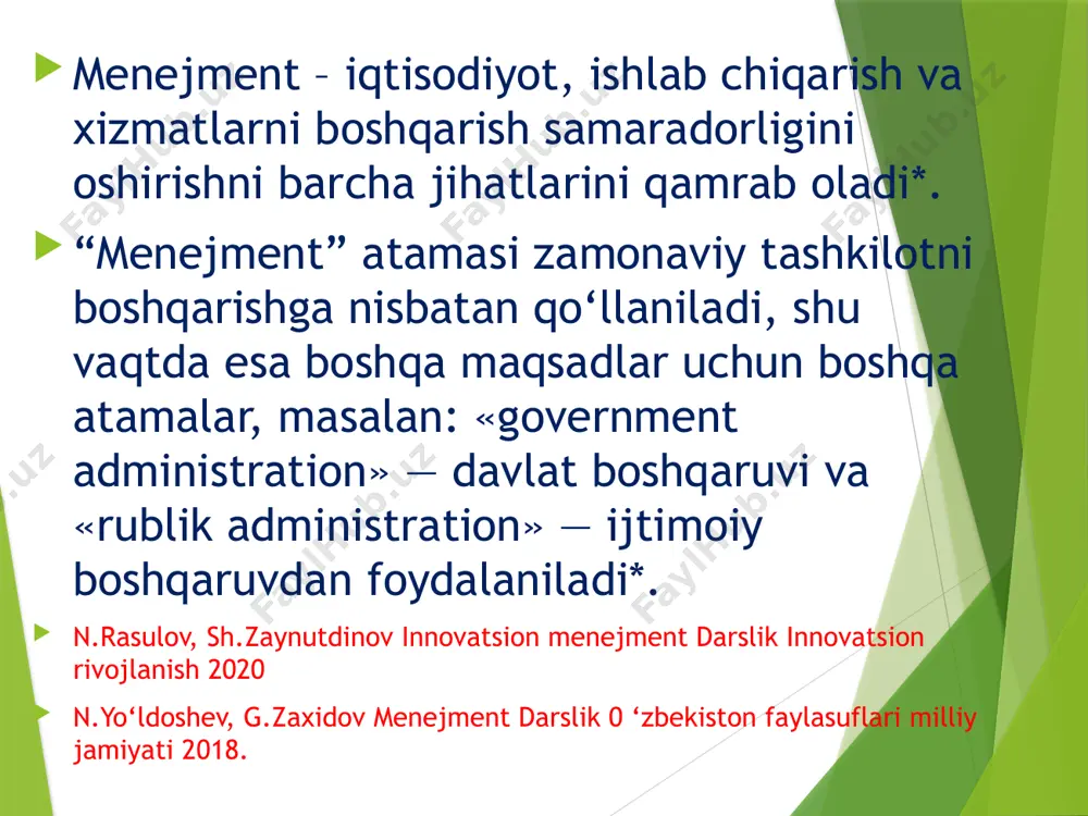 iqlashtirish — boshqaruvning boshqaruv tizimi elementlari o‘rtasidagi o‘zaro aloqa va muvofiqlikni ular o‘rtasida oqilona aloqalar (kommunikatsiyalar)ni o‘rnatish yo‘li bilan ta’minlashga qaratilgan vazifasidir. nazorat qilish nazorat qilish funksiyaning maqsadi "tutib olish", "aybini ochish", "ilintirish" emas, balki boshqaruv obyektida sodir bo‘layotgan jarayonlarni hisobga olish, tekshirish, tahlil qilish va ma’lum tartibda shu obyekt faoliyatini o‘z vaqtida sozlab turishdir. ta’sirchan nazoratni tashkil qilish har bir rahbarning funksional ishidir. muntazam nazorat yo‘q joyda yuqori natijalarga erishib bo‘lmaydi. nazorat turlari texnik nazorati; energiya nazorati; ekologik nazorati; sanitariya nazorati, moliyaviy nazorat va boshqalar. 3. boshqaruvdagi axborot va kommunikatsiyalar «informatsiya» axborot - atamasi lotincha so’z bo’lib, xabardorlik, biror xodisa yoki biror kishi faoliyati xaqida xabarga ega bo’lish ma'nosini bildiradi. axborot boshqaruv tizimini rivojlantirish va takomillashtirish maqsadida faol ta'sir etish uchun zarur ma'lumotlar yigindisidan iboratdir. еtarli va aniq axborotga ega bo’lmay boshqarish mumkin emas. axborot - bu boshqaruv apparati faoliyatining xam dastlabki nuqtasi, xam natijasidir. tashkil qilish bilan shug‘ullanuvchilar …