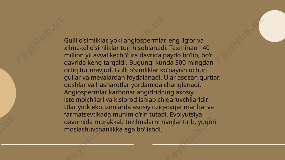 a guruhi boʻlib, ularning biologik xilma-xilligi taxminan 300,000 turdan iborat. ular 64 ta oila va 400 dan ortiq urugʻlarga ega. gulli oʻsimliklar barcha ekotizimlarda keng tarqalgan va ularning 80% dan ortigʻi quruqlikda yashaydi. tropik o'rmonlardagi gulli oʻsimliklarning xilma-xilligi juda yuqori boʻlib, yer yuzidagi barcha oʻsimlik turlarining yarmidan ko'pini tashkil etadi. oʻzbekistonda gulli oʻsimliklarning taxminan 4,500 turi aniqlangan bo‘lib, ulardan ayrimlari milliy ahamiyatga ega va himoya qilinadi. ... t.me/slaydai_bot 10. gulli oʻsimliklarning mo'tadillik mintaqalarida tarqalishi gulli oʻsimliklar moʻtadillik mintaqalarida keng tarqalgan turli xil oʻsimliklardir. ushbu mintaqalarda oʻsimliklarning xilma-xilligi va ularning turli iqlim sharoitlariga moslashuvi koʻpchilik botanistlar tomonidan oʻrganiladi. moʻtadillik mintaqalari - qishi yumshoq, yomg'ir yetarli boʻlgan hududlar, shaharlar va oʻrmonlar bilan mashhur. ushbu biogeografik regionlarda gulli oʻsimliklar tarkibi 60% dan ortiqni tashkil etadi. moʻtadillik zonalaridagi oʻsimliklar koʻpincha antropogen omillarga bog'liq boʻlib, bu ularning ekotizimga ta'sirini oshiradi. shu oʻsimliklar oʻrtacha yillik harorat 10-17°c boʻlgan hududlarda yaxshi oʻsadi. xususan, yevropa, shimoliy amerika, va …