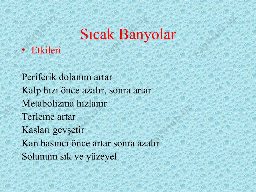 litesini artırdığı durumlar akut iltihaplar böbrek hastalıkları abdominal spazm ve kolik zıt banyolar sıcak-soğuk- sıcak-soğuk-sıcak 3 1 3 1 3 = 11 dak sıcaklık sıcak 38-46 º c soğuk 10-18 º c etkisi kan dolanımında artış endikasyonları vazospastik hastalarda fazla terleyen ayaklarda elde ayakta soğuktan meydana gelen kızartı ve kaşıntılarda baş ağrısı artrit kırık burkulma, skar doku periferal vasküler hastalıklar güdüğü sertleştirmek için kontraendikasyonları i̇lerleyi̇ci̇ arteri̇okleroz i̇lerleyi̇ci̇ peri̇feral vasküler hastaliklar di̇abet soğuk ve sicağin kullanilmayacaği durum girdap banyoları gi̇rdap banyolari (whirlpool) etki̇leri̇ kas spazmını ve eklem ağrılarını azaltır mekanik etki oluşturarak sedatif ve analjezik etki meydana getirir ( zıt i̇rritasyon etkisi) vazodilatasyon, lokal arterio venöz dolaşım artırır adezyonları yok eder skar dokuları yumuşatır yaraları temizler, iyileşmeyi hızlandırır ölü dokuları ve iltihabı temizler whirlpool ti̇pleri̇ 15x28-32x18-25 cm ölçüleri̇nde üst ve alt ekstremi̇te i̇çi̇n kullanilan 24x52-66x38 cm ölçüleri̇nde alçak sevi̇ye tanklari 50-55x90-120x70 cm ölçüleri̇nde yüksek sevi̇ye tanklari kullanim amaçlari(whirlpool) yara üzeri̇nde dolaşim …