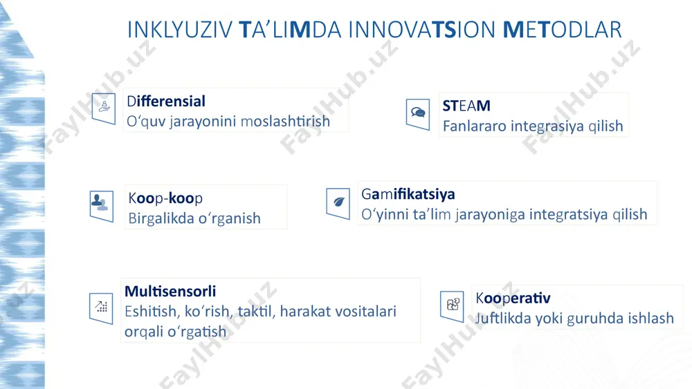gan o‘quv muhiti – bu nafaqat jismoniy sharoit, balki pedagogik yondashuvning ham har bir bolaga moslashtirilgan bo‘lishini anglatadi. maxsus jihozlar, vizual yordamchi vositalar, individual yondashuv - bularning barchasi inklyuziv ta’limning muhim tayanchidir. innovatsion metodlar – bu shunchaki yangilik emas, balki har bir bola uchun adolatli va insonparvar ta’lim imkonini yaratish vositasidir. 3 inklyuziv ta’limda innovatsion metodlar differensial o‘quv jarayonini moslashtirish koop-koop birgalikda o‘rganish gamifikatsiya o‘yinni ta’lim jarayoniga integratsiya qilish multisensorli eshitish, ko‘rish, taktil, harakat vositalari orqali o‘rgatish steam fanlararo integrasiya qilish kooperativ juftlikda yoki guruhda ishlash uztozlardan kim menga bu usllardan birini ta’riflab beradi? savol-javob qilinadi va ta’riflanadi. 1. differensial yondashuv – o‘quvchining individual xususiyatlariga qarab o‘quv materiallarini moslashtirish. 2. kooperativ va koop-koop metodlar – juftlikda yoki guruhda ishlash orqali o‘zaro muloqot va ijtimoiy ko‘nikmalarni shakllantirish. 3. gamifikatsiya – o‘yin usullarini ta’lim jarayoniga integratsiya qilish orqali qiziqish uyg‘otish. 4. multisensorli metodika – eshitish, ko‘rish, taktil, harakat elementlarini birgalikda qo‘llash. 5. …