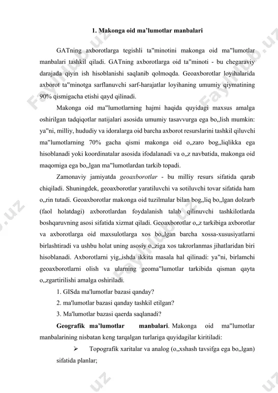 „xshash tavsifga ega bo„lgan) sifatida planlar; · topografik xaritalar va raqamli planlar; · elektron taxeometrlar va global global tizim sifatida joylashish holatiga aniqlik kiritish maqsadida foydalaniluvchi qabul qilish qurilmalari yordamida amalga oshiriluvchi o„lchashlar ma‟lumotlari, topografik tasvirga olish ma‟lumotlari; · erni masofadan turib zondlash materiallari; · geomakonga oid asos sifatidagi (bazaga oid) ma‟lumotlar to„plamlari; · makonga oid raqamli ma‟lumotlar bo„yicha internet tarmog„i manbalari; · umumiy geografik va mavzularga oid xaritalar; · er qurilishi sohasiga tegishli xujjatlar; · shahar qurilishi sohasiga tegishli xujjatlar; nisbatan keng tarqalgan, semantik tavsifga ega bo„lgan ma‟lumotlar manbalari sifatida - jadvallar va matn shaklidagi ma‟lumotlarni ko„rsatib o„tish mumkin. topografik xaritalar va analog planlar. topografik xarita - bu er yuzasining umumlashtirilgan va kichiklashtirilgan tasviri bo„lib, yagona matematik asoslar va rasmiylashtirishlar bo„yicha tuzib chiqiladi, bunda joyning asosiy tabiiy va ijtimoiy-iqtisodiy ob‟ektlarining joylashish o„rni va xossalari aks ettiriladi. an‟anaviy usulda, qog„oz shakli asosida yaratilgan topografik xaritalar va planlar analog modellar hisoblanadi. …