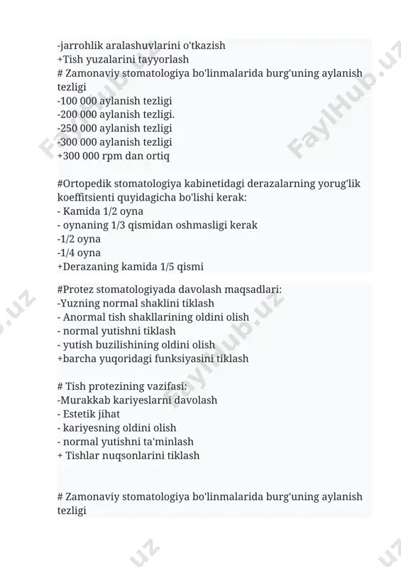 asining maqsadi? - tish tayyorlash uchun - tish plastinkasining mavjudligini tekshirish - qo'shimcha muhrlash vositasi - tish tishlarini tortib olish uchun +erish qiyin bo'lgan joylarni tekshirish #tish pinsetlarining maqsadi: - lablar tortilishi - harakatlanuvchi plomba moddasi - tish davolash - borish qiyin bo'lgan joylarni tekshirish +tishlarning harakatchanlik darajasini aniqlash #bemorni tekshirish uchun asosiy vositalar: - periodontal zond - krampon qisqichlari -lift - shtopfer +oyna #zontlarining turlari: - yoriq - pulpar -s shaklida -umumjahon +periodontal #krampon forsepslari ortopedik stomatologiyada quyidagilar uchun ishlatiladi: - toj bezaklari - materialni mahkamlash - pin quyish - pin sozlamalari +eguvchi simli qisqichlar #tish anvillari quyidagilar uchun ishlatiladi: - kronlarni sozlash - pinni qayta ishlash - pinlar ishlab chiqarish - kronlarni ishlab chiqarish +sun'iy tojlarni qayta ishlash #ortopediya kabinetining devorlari bo'yalgan bo'lishi kerak: -laym - bo'r - jigarrang tonlarda - kulrang-yashil tonlarda + yengil ranglarda #ortopediya kabinetidagi havo harorati: -16 - 25 ° s -12 - 15 …