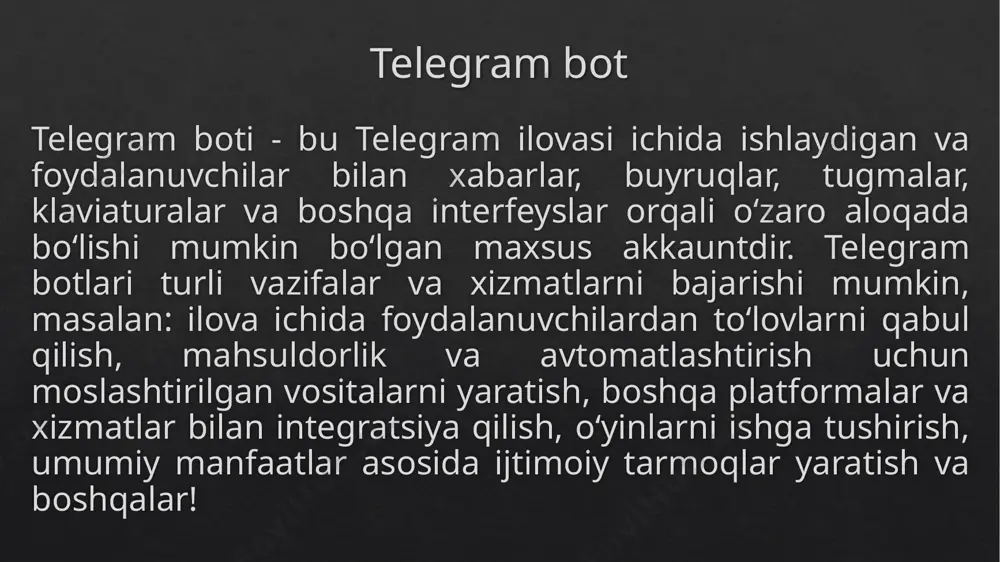 itgame-o'yinni tahrirlash / deletegame - mavjud o'yinni o'chirish botning profilini sozlash ism va tavsifni o‘zgartirish: botning ismi va tavsifini sozlash uchun /setname va /setdescription komandalaridan foydalaniladi. profile rasmi: botning avatarini (profil rasmi) qo‘shish yoki o‘zgartirish uchun /setuserpic komandasi ishlatiladi. about va start xabarlari: foydalanuvchi bot bilan aloqa qilganda ko‘rinadigan qisqa ma'lumot (/setabouttext) va /start tugmasini bosganda ko‘rsatiladigan xabar (/setstartmessage) sozlanishi mumkin. bot tugmalarini sozlash botga turli tugmalar va komanda panelini qo'shish mumkin:bot komandalarini o‘rnatish: botfather orqali bot uchun asosiy komandalarni o'rnatish mumkin (/setcommands). masalan, /help, /settings kabi komandalar. inline rejim: agar bot inline rejimda ishlasa, ya'ni boshqa foydalanuvchi chatlarida ham ishlatilishi mumkin bo'lsa, inline funksiyasini yoqish uchun /setinline komandasidan foydalaniladi. ko'rinishni boshqarish: inline qidiruv (inline query) uchun namoyish qilinadigan kontent turini sozlash. modul/metod tavsif misol telebot.telebot botni ishga tushirish uchun asosiy obyekt. bot = telebot.telebot("token") bot.polling() botni to‘xtovsiz ishga tushirish va kelayotgan xabarlarni qayta ishlash. bot.polling(none_stop=true) @bot.message_handler() ma'lum bir shartga …