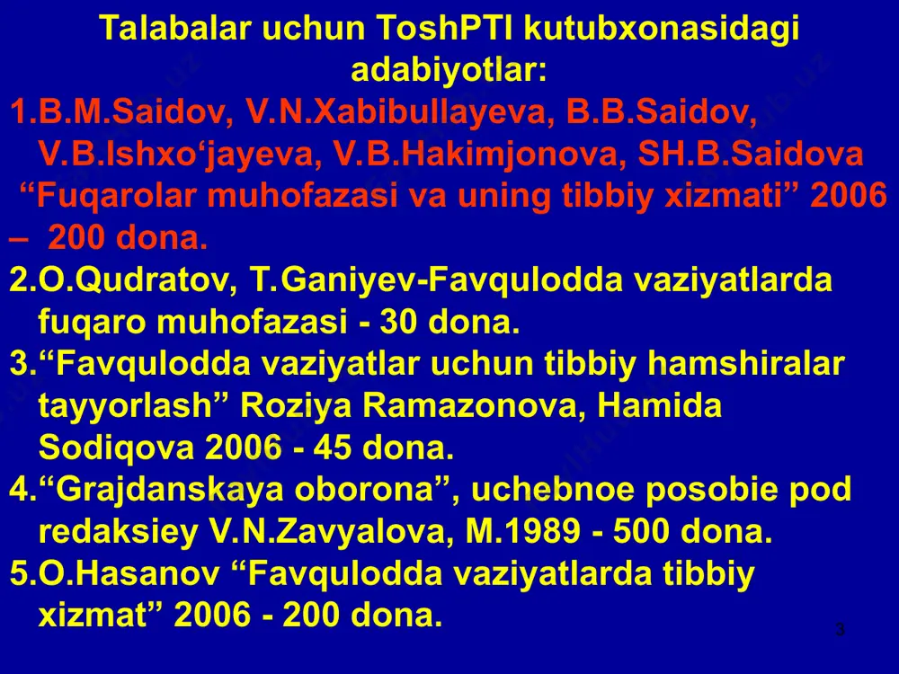 mv - kollektiv muhofaza vositasi mi - muhofaza inshoati nqp - nurlanishga qarshi panajoy * shtmv - shaxsiy tibbiy muhofaza vositasi ai - aptechka individualnaya ipp - individualniy protivoximicheskiy paket ppi - perevyazochniy paket individualniy vpxr - voyskovoy pribor ximicheskoy razvedki pxr-mv - pribor ximicheskoy razvedki medisinskoy i veterinarnoy slujbi dda - dush dezinfeksiya avtomobili km - kuzatuv maskani no‘m - nazorat o‘tish maskani si - sanitar ishlov sib - sanitar ishlov bo‘limi fm umumdavlat tadbirlari tizimi sifatida o‘r ning har bir fuqarosining ishi hisoblanadi. fm bo‘yicha o‘qitish o‘r ning hamma fuqarolari uchun umumiy majburiy ta’lim hisoblanadi. o‘r ning har bir fuqarosi o‘zini, oila a’zolarini texnogen va tabiiy tusdagi fv oqibatlaridan, hamda dushman hujumida zamonaviy shikastlanish vositalaridan muhofaza qilishni, o‘ziga va o‘zaro yordam ko‘rsatishni bilishi kerak. buning uchun tinchlik vaqtida oqq va odatdagi qurollardan muhofaza qilishni asosiy usullari va vositalarini o‘rganishi va amalyotda qo‘llashni bilishi kerak. * faol va vijdonan …