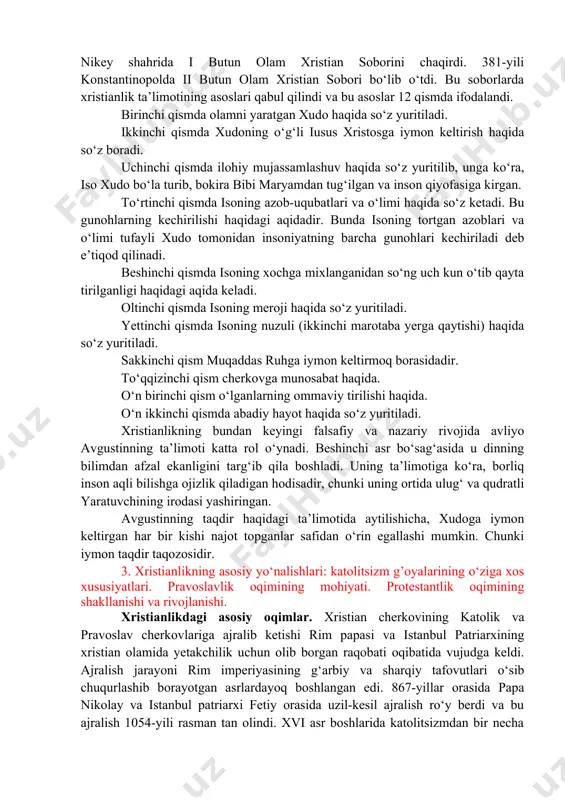 ayg‘ambarlar kitoblari»ga «vahiy» kitobi kiradi. bibliyaning kitoblari boblarga, boblar esa suralarga bo‘linadi. uning hozirgi qabul qilingan bo‘linishi nenterberiya yepiskopi stefan langton (vafoti 1228-y.) tomonidan kiritilgan. u 1214-yili lotin tilidagi matnni boblarga bo‘lib chiqdi va bu narsa keyinchalik yahudiy va yunon tillaridagi matnlarga ham joriy qilindi. suralar avval santes panino (v. 1541-y.) keyinchalik 1555-yilarda robert etenlar tomonidan raqamlandi. tavrot. musoga tegishli bo‘lgan, besh kitob «tavrot» deb ataladi va u quyidagi kitoblarga bo‘linadi: 1) «borliq» yoki «ibtido»; 2) «chiqish»; 3) «levit»; 4) «sonlar»; 5) «ikkinchi qonun». injil. injil - xushxabar ma’nosini anglatadi. “yangi ahd” tarkibiga kirgan injil 4 ga bo‘linadi. 1) matvey injili; 2) marko injili; 3) luka injili; 4) ioann injili. xristianlik ta’limoti. manbalar xabar berishicha, xristianlik yahudiy muhitida yuzaga kelgan. bu esa xristianlikning yahudiylikdan ko‘p jihatdan ta’sirlanishiga sabab bo‘ldi. xristianlikning asosiy g‘oyasi - isoning odamzodning xaloskori «messiya» ekanligi yahudiylikda mavjud bo‘lib, oxiratga yaqin kelishi kutilayotgan xaloskor haqidagi ta’limotdan kelib chiqqandir. …