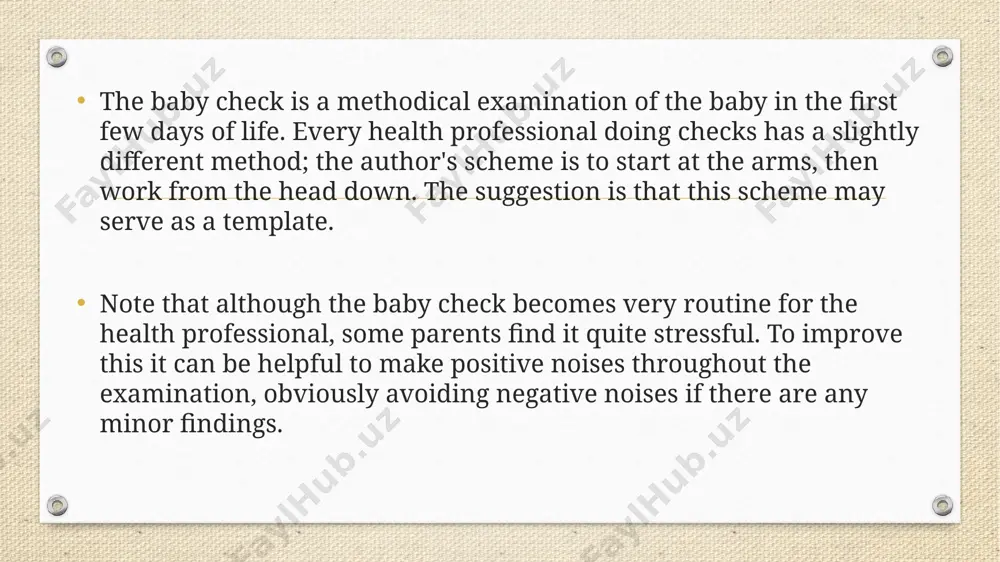l nervous system: tone, behaviour, movements and posture; check newborn reflexes only if concerned hips: symmetry of the limbs, barlow and ortolani's manoeuvres cry: assess sound at 6 to 8 weeks, assess the baby's social smiling and visual fixing and following. measure weight and head circumference of babies in the first week and around 8 weeks, and at other times only if there are concerns. plot the results on the growth chart. the personal child health record (red book) shortly before or after your baby is born, you'll be given a personal child health record (pchr). this usually has a red cover and is known as the "red book". it's a good idea to take your baby's red book with you every time you visit the baby clinic or gp. they will use it to record your child's weight and height, vaccinations and other important information. you can also add …
