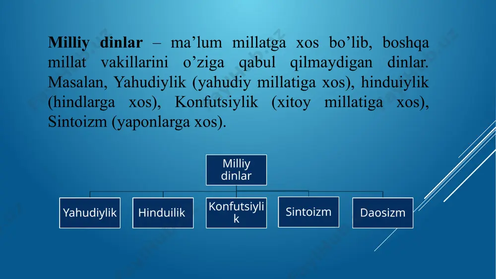am oldi va yahudiylarga ham shu kuni dam olishni buyurdi. shu sabab yahudiylik dinida shanba kuni ulug’ kun hisoblanib, hech bir ishga qo’l urilmaydi. 2. yahudiylar yer yuzidagi xalqlarning «eng mumtozi» va u «dunyoda berilajak in’omlarning eng haqlisi» ekanligi. ular o’zlarini хudo tomonidan saylangan, muqaddas xalq ekanini, yahudiyning ruhi хudoning bir qismi hisoblanishini da’vo qiladilar. 3. messiya – xaloskorning kelishi haqida. unga ko’ra, oxirzamonda yahve yahudiylar orasidan bir xaloskorni chiqaradi va u quyidagi vazifalarni bajaradi: 1) dunyoni isloh qilgan holda qaytadan quradi; 2) butun yahudiylarni sinion atrofida to’playdi; 3) ularning barcha dushmanlarini jazolaydi. 4. oxirat kuniga ishonish. yahudiylikda oxirat haqidagi tasavvurlar, asosan тalmudda bayon etilgan. unga ko’ra, yahvega chin e’tiqod qilganlar oxiratda mukofotlanadilar. aksincha, uning qonunlarini buzganlar shafqatsiz jazo oladi. yahudiylik ta’limoti bo’yicha muso payg’ambar тur tog’ida yahve bilan uchrashganda yagona хudo tomonidan 10 ta lavha tushirilgan. ushbu lavhalarda mazkur din asosini tashkil etgan 10 ta nasihat bor edi. bu …