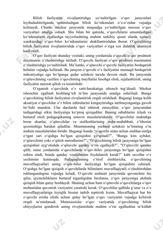 logik jarayonlar—degan edi sechenov—bu bir xil tartibdagi hodisalar, bir-biriga yaqin real dunyoga xos bo‘lgan hodisalardir».sechenov psixik jarayonlarning asosi bosh miya reflekslaridir, degan ta’limotni ilgari surdi. sechenov davomchisi i.p.pavlov oliy nerv faoliyati fiziologiyasiga doir mashhur asarlarida psixik moddiy substrat faoliyatidagi asosiy qonuniyatlarni va ayrim jarayonlarning nerv-fiziologik mexanizmlarini ochib berdi. izlanishlarimizning asosini muayyan o‘quv vaziyatlarida o‘quvchilarning bilish faoliyatlarini kengaytirishning samarali yo‘llarini tashkil qiladi. o‘z-o‘zini hurmat qilish har bir shaxsning tahliliy sifatidir. buning tarkibini tahlil qilish orqali o‘quvchining mayllari, qadriyatlari, tayanadigan qoidalarini aniqlashga muvaffaq bo‘lindi. o‘quv-biluv jarayonida bilish faolligini rivojlantirishga bag‘ishlangan tadqiqotlarda o‘quvchilarning mustaqilligidan kelib chiqqan holda ular faolligini ta’minlash uch yo‘nalishga ajratilgan. - namunaga asoslangan taqlidiy; - izlanuvchilikka asoslangan ijrochilik; - ijodiy bilish faoliyati. taqlidiy faoliyat harakatning tayyor namunalari asosida hosil bo‘ladi. ideal tarzda bo‘lgani singari, predmetlilik asosida ham o‘quvchilarni tirishqoq bo‘lishga undaydi. izlanuvchilikka asoslangan ijrochilik faoliyati tadqiqotchilik faoliyati bilan qiyosiy tarzda o‘qituvchi tomonidan taklif etilgan muammoli vaziyatlarni yechish yo‘llarini mustaqil tarzda …