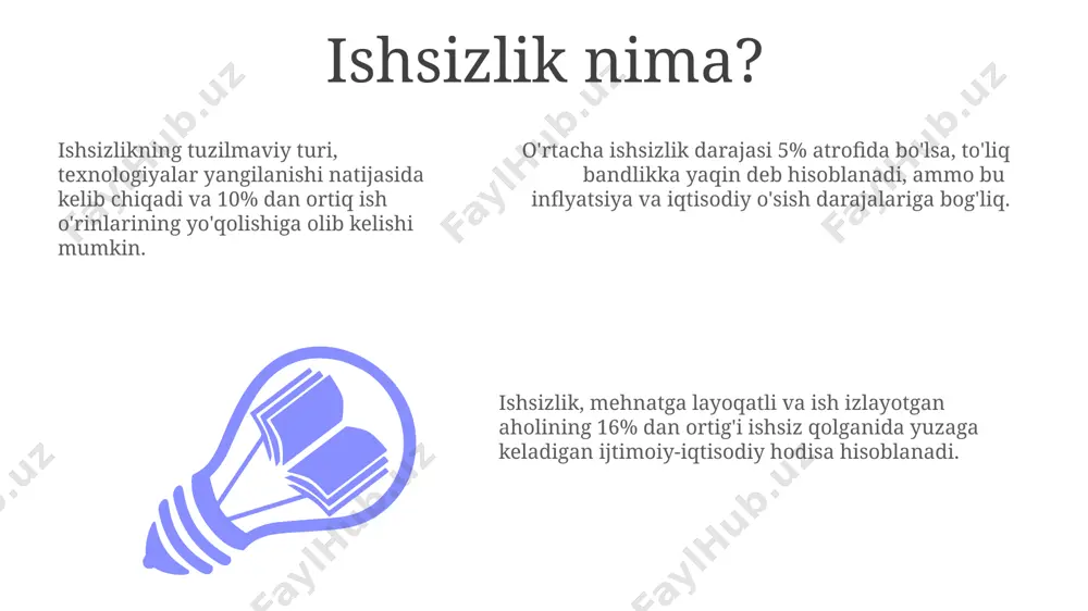 ukturaviy ishsizlik strukturviy ishsizlik darajasi, iqtisodiyotning turli sohalaridagi talab va taklif o'rtasidagi nomutanosiblikni aks ettiradi, masalan, it sohasida yuqori talab, lekin qurilish sohasida 20% ishsizlik kuzatilishi mumkin. strukturviy ishsizlikni bartaraf etish uchun, kasb-hunar ta'limi va qayta tayyorlash dasturlariga 5% dan ortiq byudjet mablag'lari ajratish, ishsizlik nafaqalarini to'lash bilan birga, muhim ahamiyat kasb etadi. strukturviy ishsizlik, mehnat bozorining o'zgarishi tufayli yuzaga keladi, masalan, texnologiyalarni yangilash natijasida 10% ishchilarning malakasi eskirishi mumkin va ular yangi ish topishda qiynalishlari mumkin. ishsizlikning ijtimoiy oqibatlari ishsizlik darajasining yuqori bo'lishi, jinoyatchilikning o'sish sur'atlariga, ya'ni o'g'irlik va boshqa qonunbuzarliklarning 15-20% ga ko'payishiga olib kelishi mumkin. ishsizlikning oshishi oilaviy zo'ravonlik holatlarining 20% ga ko'tarilishiga, ayniqsa, kam ta'minlangan oilalarda, oziq-ovqat va boshqa resurslar yetishmasligiga olib kelishi mumkin. ishsizlik, aholi orasida ruhiy salomatlik muammolari, jumladan, depressiya va bezovtalikning 35% ga ko'payishiga olib keluvchi asosiy ijtimoiy omil hisoblanadi. ishsizlik darajasi va o'lchovlari ishsizlikning yashirin shakllari, masalan, noto'liq ish vaqti bilan band …