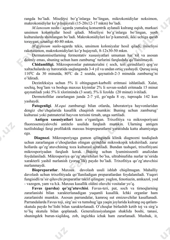 ararlangan epidermis va jun tolalari qirindisi sog’lom to’qima bilan chegara joyidan olinadi. laboratoriyada mikroskopiya usulida tekshiriladi, natijasi gumonli bo’lsa patmaterialdan oziqa muhitga ekib, toza kultura ajratiladi, lyuminissentli analiz va biosinov qo’yiladi. qirindi 10% li ishqor (kon yoki naoh) bilan 15-30 minut ishlov beriladi. ezilgan tomchi usulida preparat tayyorlanib mikroskopda ko’riladi. zararlangan soch ichida va tashqarisida qator bo’lib, tartibli joylashgan endosporolar ko’rinadi. patmaterialdan toza kultura ajratish uchun saburo, suslo-agar, chapeka oziqa muhitlaridan birortasidan foydalaniladi. ishqor bilan ishlangan materialni ekishdan avval sentrifugalash usulida fiziologik eritma bilan yuvilishi kerak, material iflos bo’lgani uchun unga 100-200 tb/ml penisillin va streptomisin qo’shiladi. biosinov-dengiz cho’chqasi yoki quyonning terisi tirnalib unga patmaterial surtiladi. biopreparatlar. a. x. sarkisov, s. v. petrovich, l. i. nikifirov, l. m. yablochnik, 1974 kabi avtorlar kollektivi qoramol trixofitiyasini davolash va oldini olish maqsadida ltf-130 vaksinasini, otlar trixofitiyasini davolash va oldini olish uchun s-p tajriba vaksinasini yaratishdi. ltf-130 vaksinasi davolash uchun mo’shaklar orasiga ikki …
