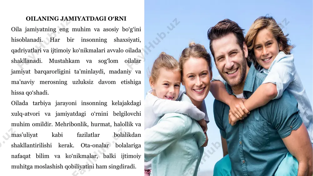 yat yuklash va mustaqil qaror qabul qilish ko‘nikmalarini rivojlantirish. jamoaviy ishlarda ishtirok etish orqali yetakchilik qobiliyatlarini shakllantirish. muammolarni hal qilish va qiyinchiliklarni yengishga o‘rgatish. muvaffaqiyat va mag‘lubiyatga to‘g‘ri munosabatni shakllantirish. kasb tanlashda yo‘naltirish qiziqish va iste’dodlarni aniqlab, ularga mos kasblarni tavsiya etish. turli kasblar bilan tanishtirish va zamonaviy sohalarga yo‘naltirish. mehnatning qadriyat ekanligini tushuntirish va halol mehnatga undash. ijtimoiy stereotiplardan voz kechish va keng imkoniyatlar yaratish. qiz bola tarbiyasi mehribonlik, xushmuomalalik va oilaviy mas’uliyatni o‘rgatish: qiz bolalarni mehribon, hurmatli va sabrli bo‘lishga o‘rgatish. xushmuomalalik va odob-axloq qoidalariga rioya qilishni shakllantirish. oilaviy qadriyatlarni tushuntirish va mas’uliyat hissini tarbiyalash. kasb tanlash va hayotda o‘z o‘rnini toppish: qiz bolalarga ta’lim va kasb tanlashda erkin qaror qabul qilishga yordam berish. ularning qobiliyat va iste’dodlarini rivojlantirishga qo‘llab-quvvatlash. ijtimoiy faollikni oshirish va mustaqil hayot kechirishga tayyorlash. oilada o‘g‘il va qiz bolalar o‘rtasidagi farqlar tarbiya jarayonida o‘g‘il va qiz bolalar o‘rtasidagi ehtiyoj va qobiliyat farqlari: o‘g‘il bolalar …