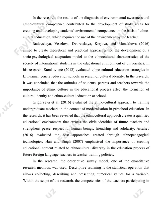 ence teachers and 23.5% are mathematics teachers. 27% of the teachers have 1–6 years, 37.2% 7–12 years and 35.1% have 13 years or more professional experience. research data were collected with the ‘ethno-cultural subjects teaching technology sufficiency scale’ developed by the researchers. in the first step of the scale development study, a literature review was made and an item pool was created. the opinions of four experts were taken for the 32item scale item pool created. with expert opinions, the number of items was reduced to 19 items. for the pilot application, 234 secondary school teachers were studied. 146 of the teachers participating in the pilot study of the study were female and 88 were male. after the pilot application, exploratory factor analysis was applied to the data set. when the factors constituting the scale were structured for the first time, varimax techniques were applied as the basic component and …