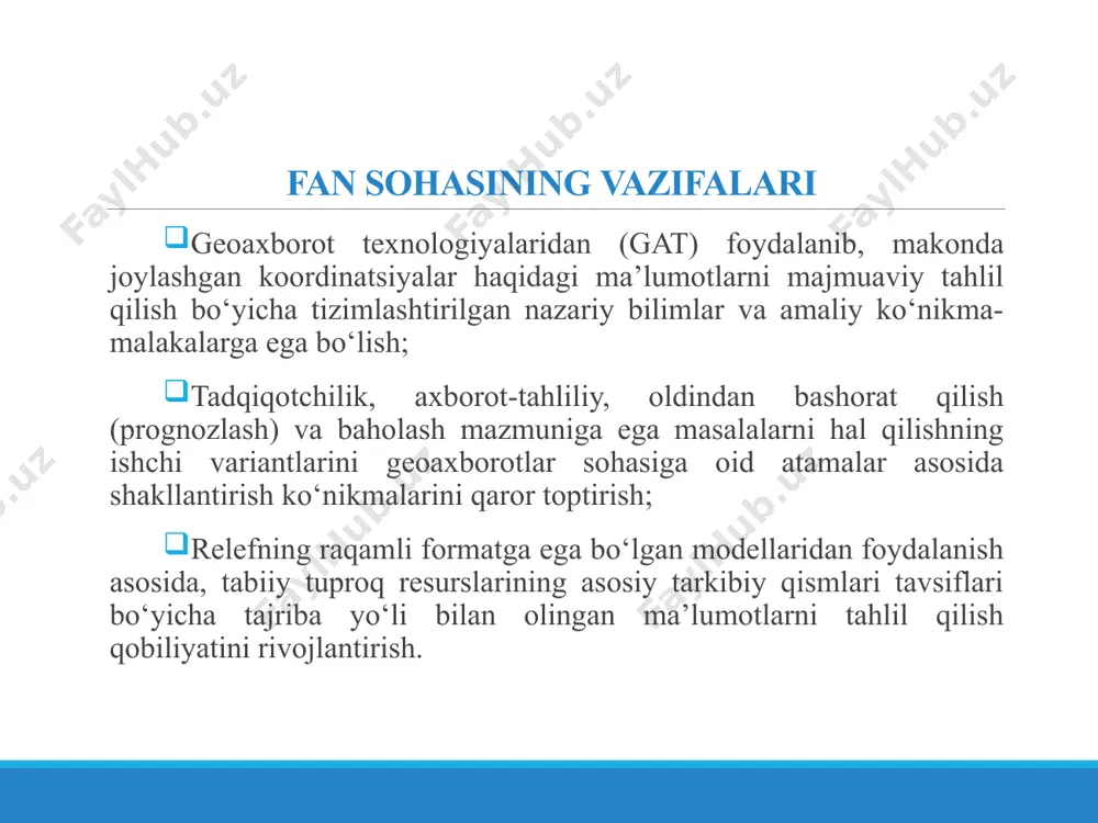 n bo‘ylab joylashgan ob’ekt (grafik primitiv) - bu haqiqiy mavjud ob’ektning (joyning raqamli modeli) raqamli ifodalanishi bo‘lib, uning tarkibida ob’ektning joylashish joyi, xossalari yig‘indisi, tavsiflari, atributlari yoki ob’ektning o‘zi mavjud hisoblanadi. makon bo‘ylab joylashgan ob’ektlarning to‘rtta asosiy tiplari o‘zaro farqlanadi: ya’ni, nuqtali, chiziqli, maydonga oid (poligonal), konturga oid va yuzaga oid. gatning funksional imkoniyatlari gatning funksional imkoniyatlari - tegishli dasturiy qurilmalar va geografik axborot tizimlarining quyidagi funksiyalari yig‘indisi hisoblanadi: manbalarni raqamli shaklga o‘tkazish yoki mavjud raqamli ma’lumotlarni import qilish yo‘li bilan mashina muhitiga kiritish; koordinatalar tizimini o‘zgartirish, kartografik proeksiyalarni transformatsiyalash, ma’lumotlarni bitta formatdan boshqasiga konvertatsiyalashni o‘z ichiga oluvchi ma’lumotlarni qayta o‘zgartirish; ichki va tashqi ma’lumotlar bazalarida ma’lumotlarni saqlash, o‘zgartirish va boshqarish; kartometrik operatsiyalarni amalga oshirish; foydalanuvchilarning shaxsiy rostlash vositalari; gatdan turli xil sohalarda foydalanish tuproqshunoslik; ekologiya va tabiatdan foydalanish; er kadastri va er qurilishi; dengiz, aviatsiya va avtomobil navigatsiyasi; shahar xo‘jaligini boshqarish; hududiy rejalashtirish; marketing; demografiya va mehnat resurslarini o‘rganish; …