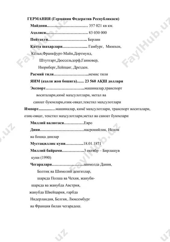 ҳокимиятни парламент амалга оширади. у икки палата: бундестаг ва бундесратдан иборат. бундестаг аҳоли томонидан 4 йил муддатга сайланади. бундесрат эса ер ҳукуматлари ўз орасидан 4 йил муддатга тайинлайдиган вакиллардан иборат. ижроия ҳокимият федерал канцлер бошчилигидаги федерал ҳукумат қўлида. федерал канцлер бундестагда президент таклифига биноан кўпчилик овоз билан сайланади. вазирлар федерал канцлернинг таклифи билан президент томонидан тайинланади. ҳар бир ернинг ўз конституцияси, парламенти ва ҳукумати бор. асосий сиёсий партиялари ва касаба уюшмалари. германия коммунистик партияси, (1968 й.т.); демократик социализм партияси, (собиқ гдрда 1946 й.т.) германия бирлашган социалистик партияси (гбсп) негизида 1989 й.т.; германия социал-демократик партияси (1946 й. т.); христиан-демократик иттифоқи (1945 йилдан фаолият кўрсатади, 1950 йилда ташкилий жиҳатдан ягона партия сифатида расмийлашган); христиан-социал иттифоқи (1945 йилда баварияда асос солинган.); эркин демократик партия (1990 й.т.); «иттифоқ-90» ва «яшиллар» партияси (1993 йилда «яшиллар» билан «иттифоқ-90» партияси бирлашган); германия миллий-демократик партияси (1964 йилда янги нацистлар томонидан т.т.); республикачилар партияси (1983 й. т.). немис касаба …